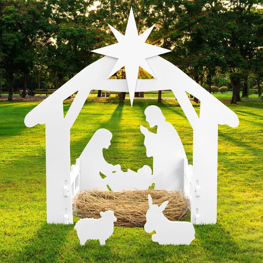 Large Outdoor Nativity Scene Set, Thick Waterproof PVC Holy Family Yard Sign, Weather-Resistant Christmas Nativity Display, Outdoor Christmas Decorations for Lawn, Front Yard & Church 7Pcs