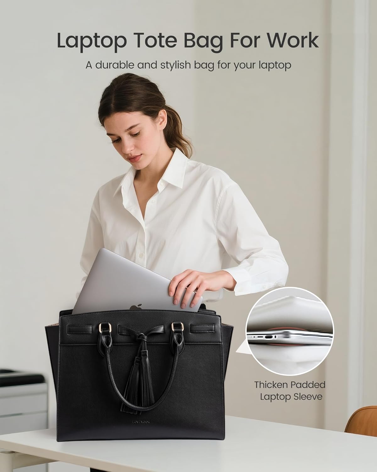 LOVEVOOK Laptop Bag for Women,Work Tote Bag with Large Cup Holder,Leather Computer Bag Teacher Bag Handbag Gifts for Women - Image 4