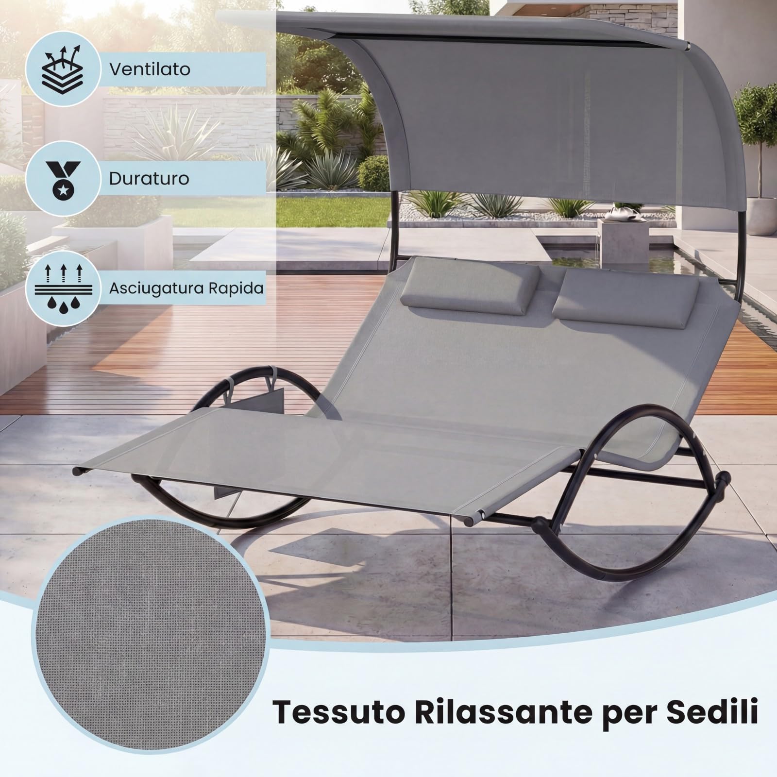 COSTWAY 2 Seater Sun Lounger, Rocking Sun Lounger with Sun Roof, 2
