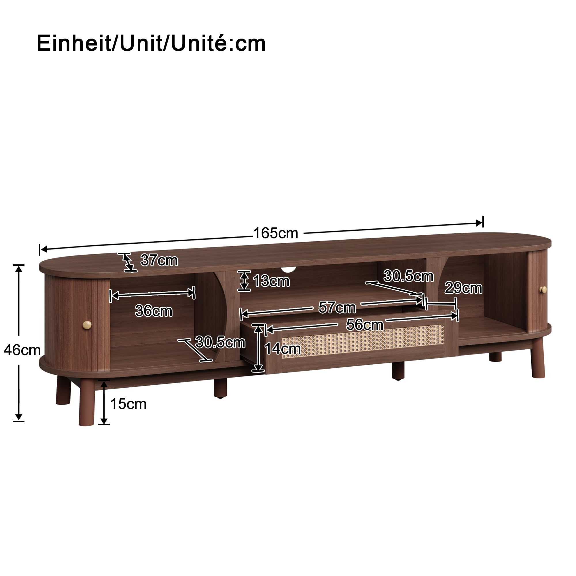 Merax TV-Schrank Rattan 165x37x46 cm, Landhausstil, Massivholztüren & handgeflochtene Schubladen, offener & geschlossener Stauraum, Robustes Wohnzimmermöbel, dunkle Holzfarbe