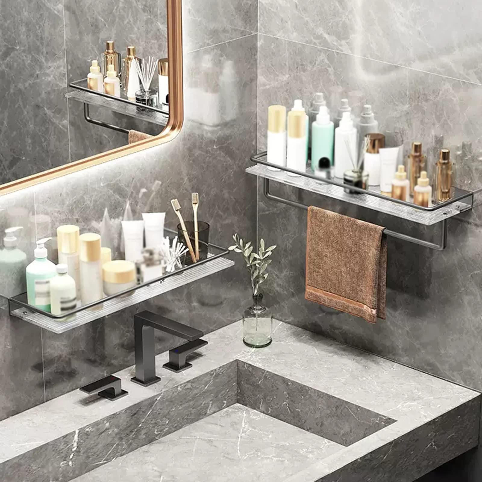 A Parete Bagno Nizer con Porta Asciugamani e Binari In Acciaio Inox Spazzolato Grigio Finitura L50cm