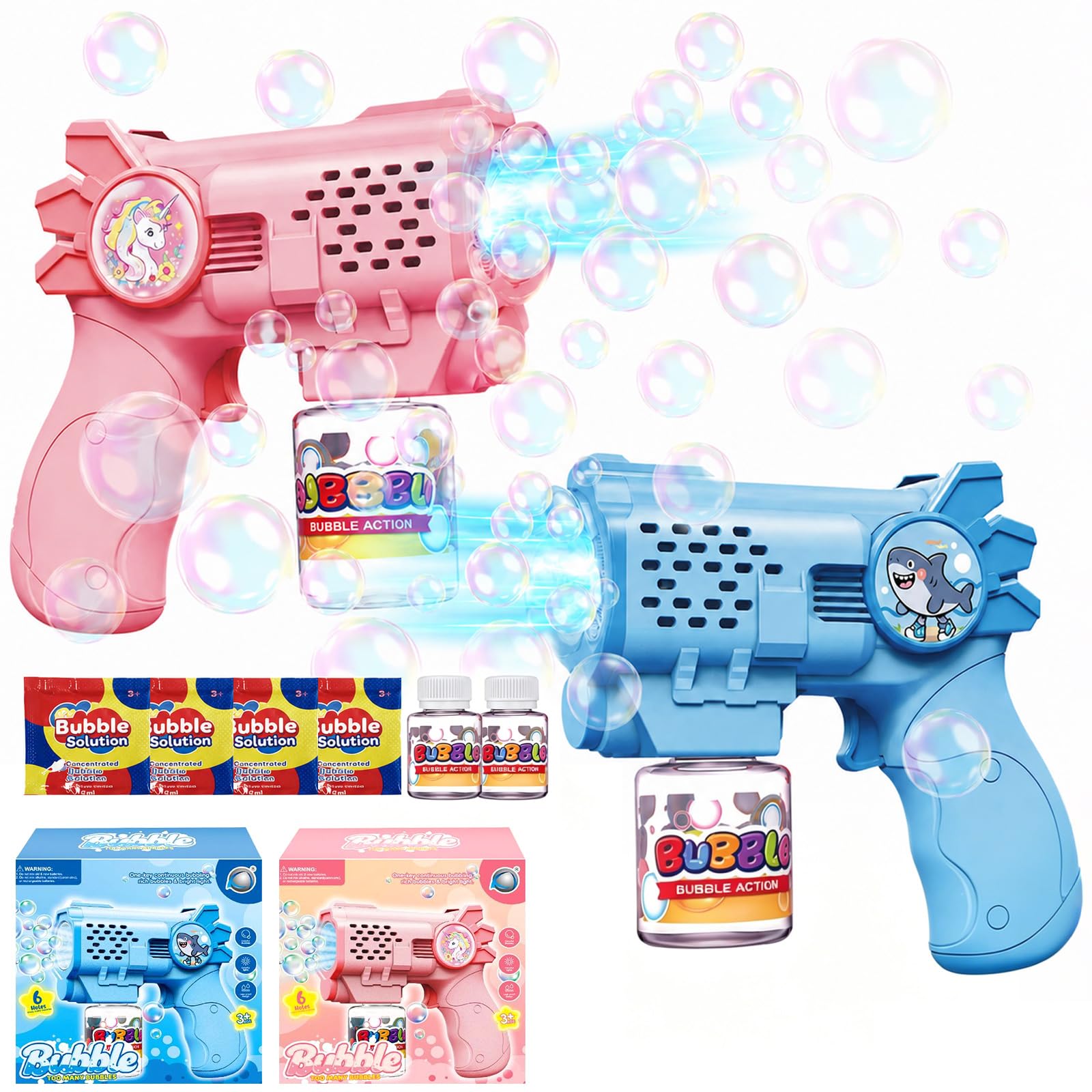 2PCS Bubble Guns for Kids, Light Up Bubble Machine Toys with 2 Bubble Solution Bottles 4 Refills, Automatic Bubble Blasters, Outdoor Summer Garden Toys, Birthday Gifts for Boys Girls