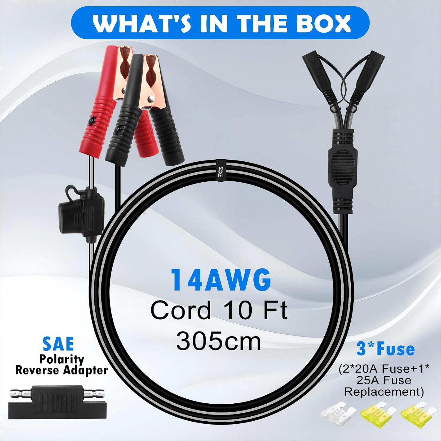 10FT 14AWG Battery Alligator Crocodile Clip to 2 SAE Connector Extension Cable, 12V SAE Quick Release Adapter, Black, Water Resistant, 20Amp Fuse, 240 Watts, Compatible with Battery Chargers