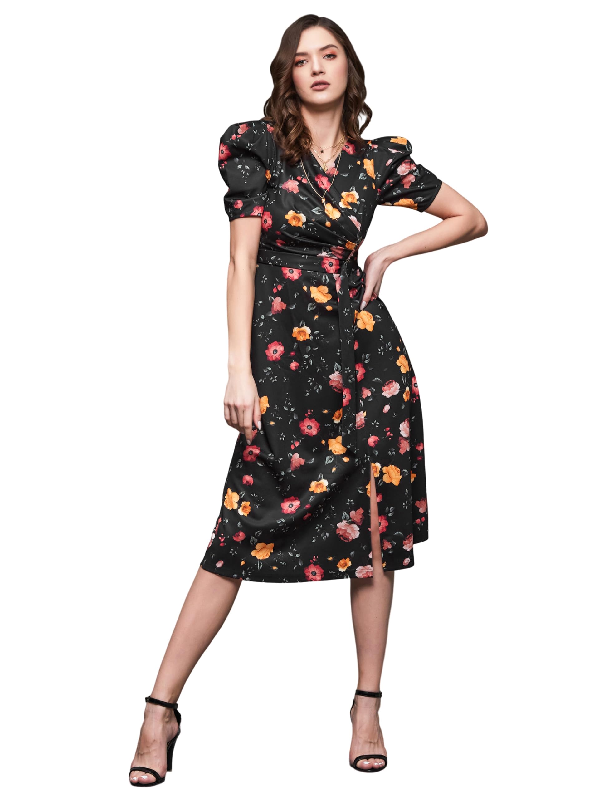 Miss Olive Women's Polyester Wrap Midi Dress