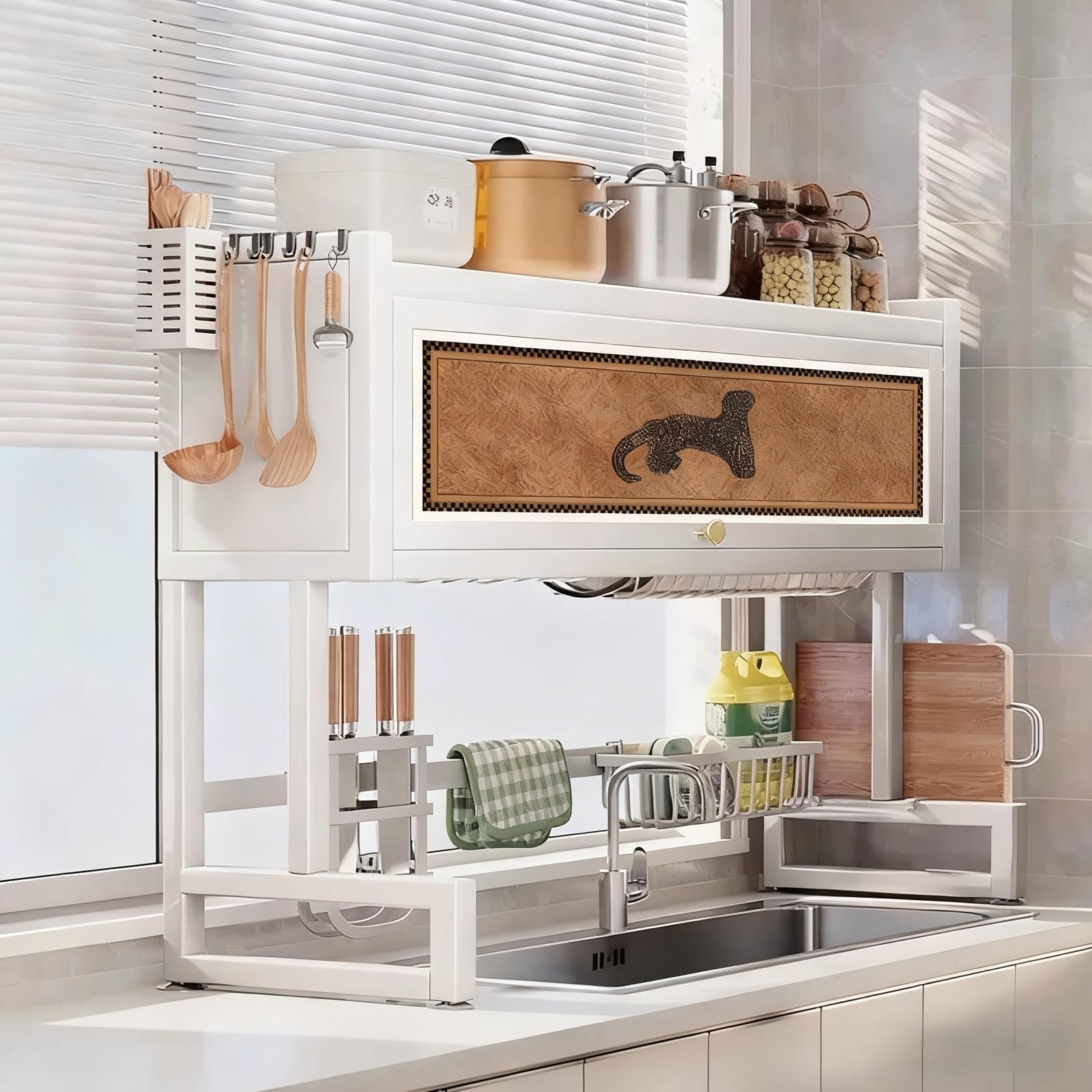 Escurridor de platos sobre el fregadero con tapa, soporte para utensilios de cocina que ahorra espacio para platos, vasos y cubiertos, ideal para cocinas pequeñas