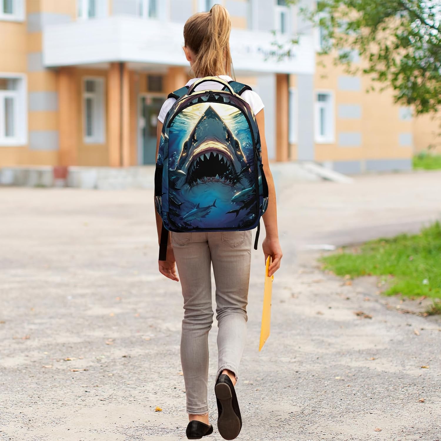 GNEW Shark Backpack for Boys, Big Shark Mouth Ocean Sea Fierce Animal Kids School Backpack, Water Resistant Daypack Travel Laptop Backpack, 16.5 Inch