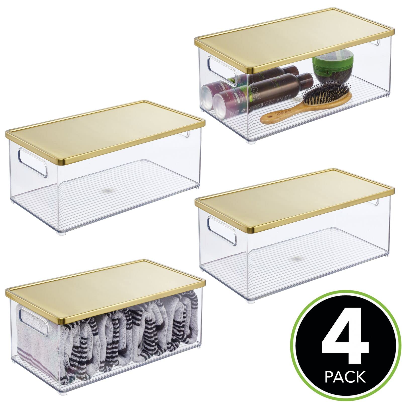 mDesign Plastic Bathroom Storage Organizer Bin Stackable Box with Handles and Steel Lid