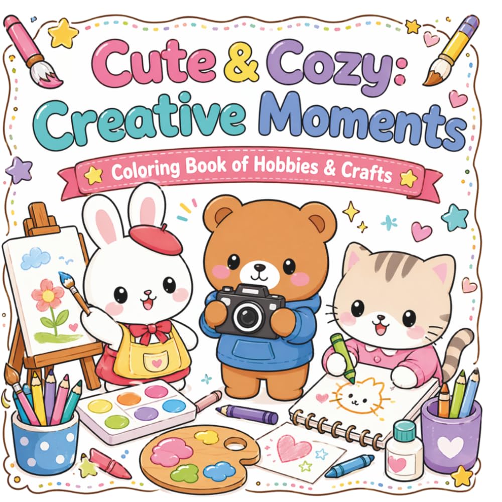 Cute & Cozy: Creative Moments: Coloring Book for Adults and Kids: 40 Kawaii Animal Hobbies, Relaxing Stress Relief Coloring Pages