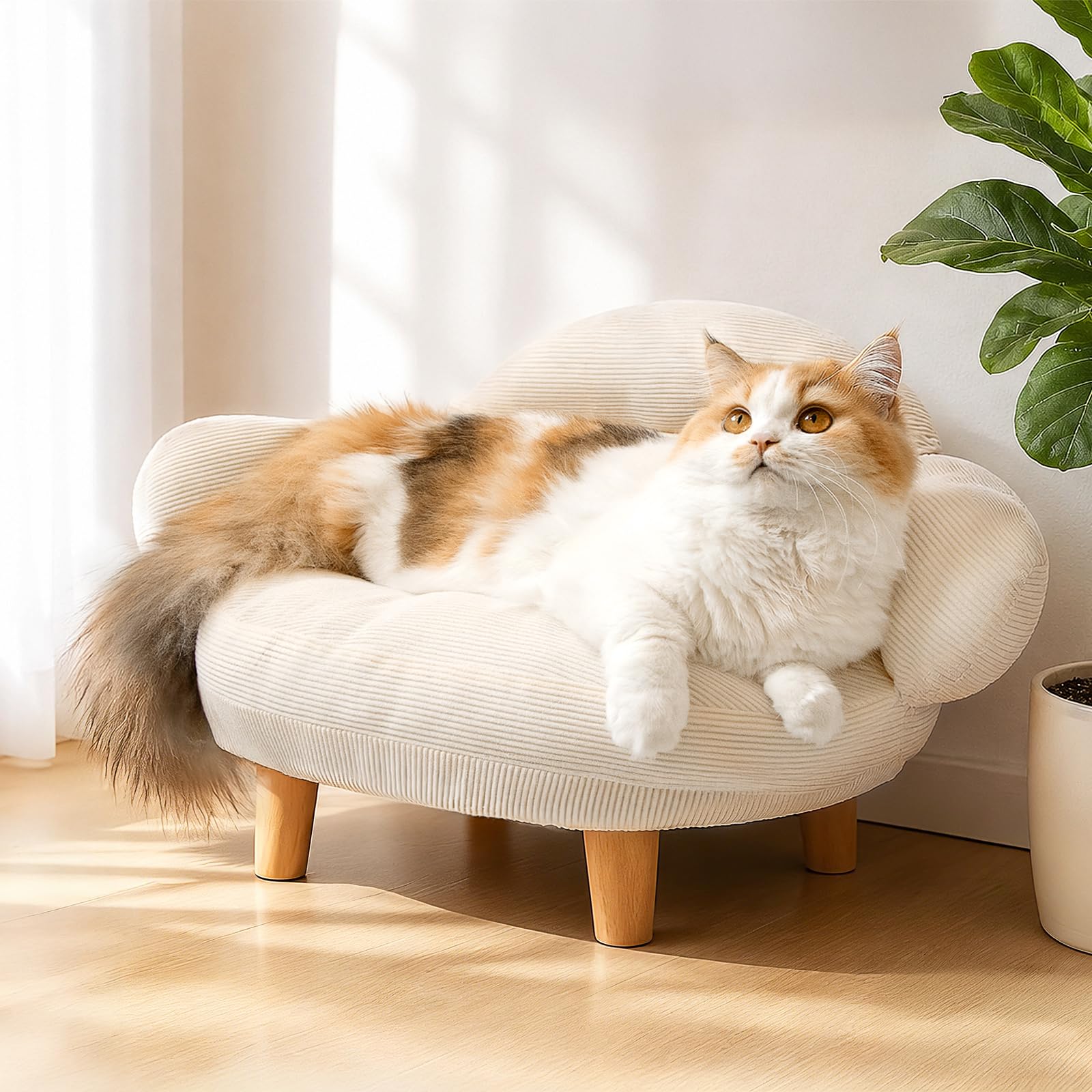 Famifit Cat Sofa Furniture-Style Pet Bed with Removable Cotton Velvet Cover, Solid Pine Wood Legs, for Cats and Small Dogs, White