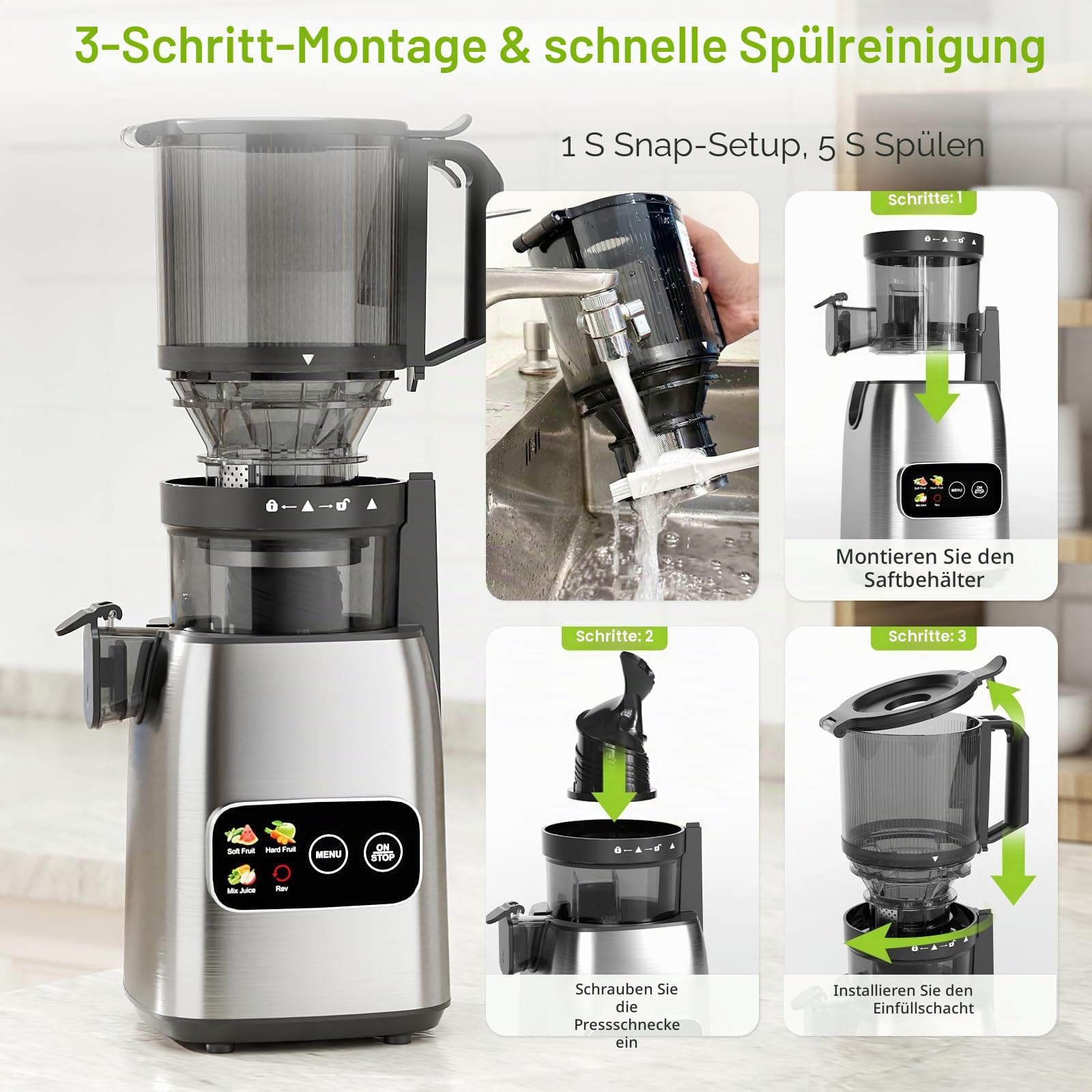 Kismile Kaltpress-Entsafter mit modernem Touchscreen, 13,5 cm XL-Futter, leicht zu reinigen, BPA-frei, hohe Ergiebigkeit, langsamer Entsafter für ganzes Obst und Gemüse, 300 W Masticating Juicer