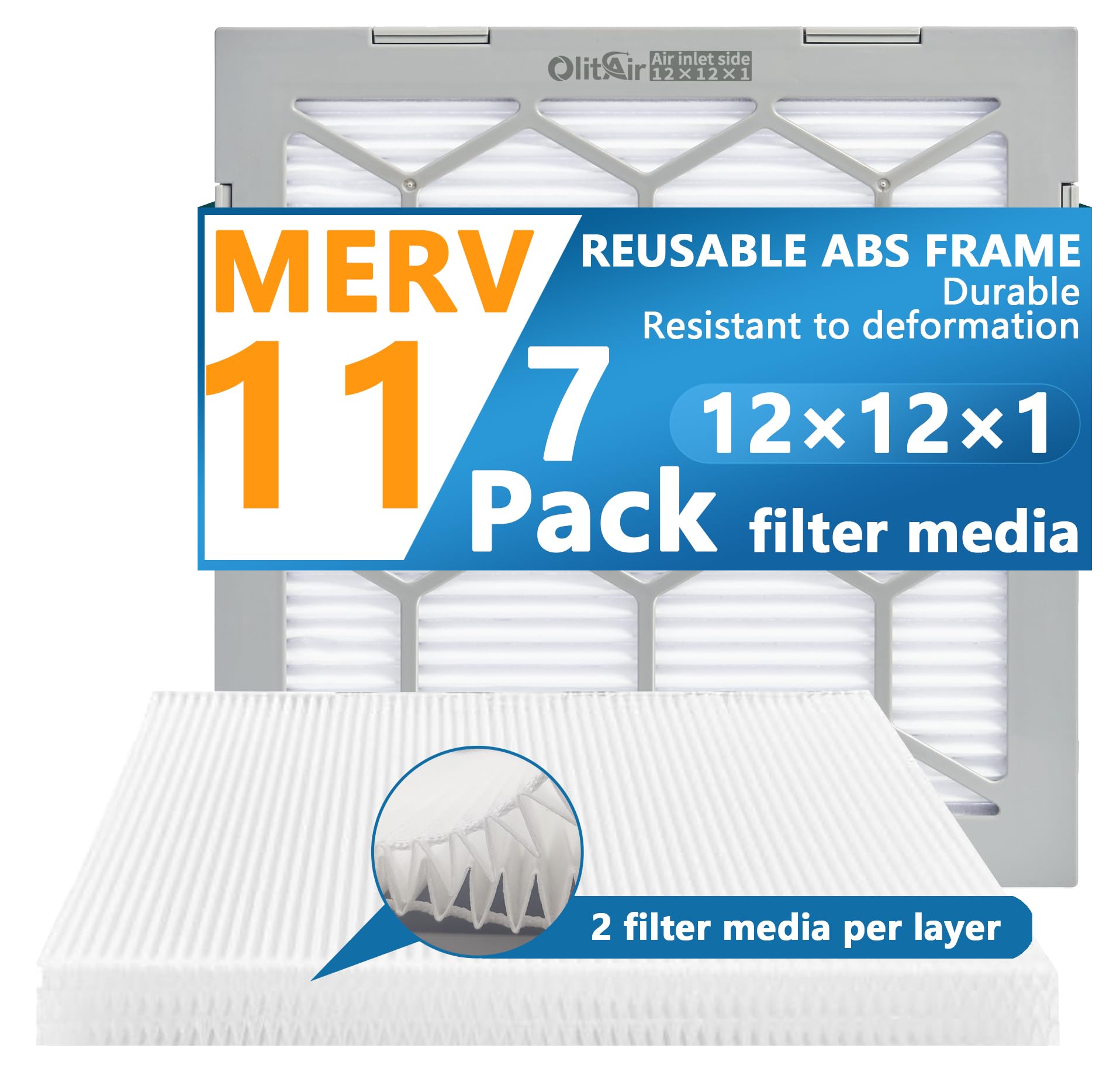 OlitAir 12x12x1 MERV 11 Air Filter,AC Furnace Air Filter,Reusable ABS Plastic Frame, 7 Pack Replaceable Filter Media (Actual Size: 11 3/4" x 11 3/4" x 3/4")