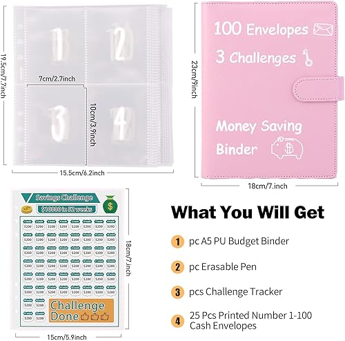Miniatura 3 de Carpeta de desafíos de ahorro de dinero de 100 sobres, carpeta de presupuesto de 3 desafíos A5 con sobres de efectivo, libro de desafíos de ahorro