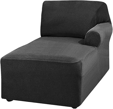 Jacquard Chaise Lounge Cover, L Shaped Couch Cover with Arm, Chaise Sofa Slipcover Protector with Elastic Strap, Furniture ProtectorBlack,Right