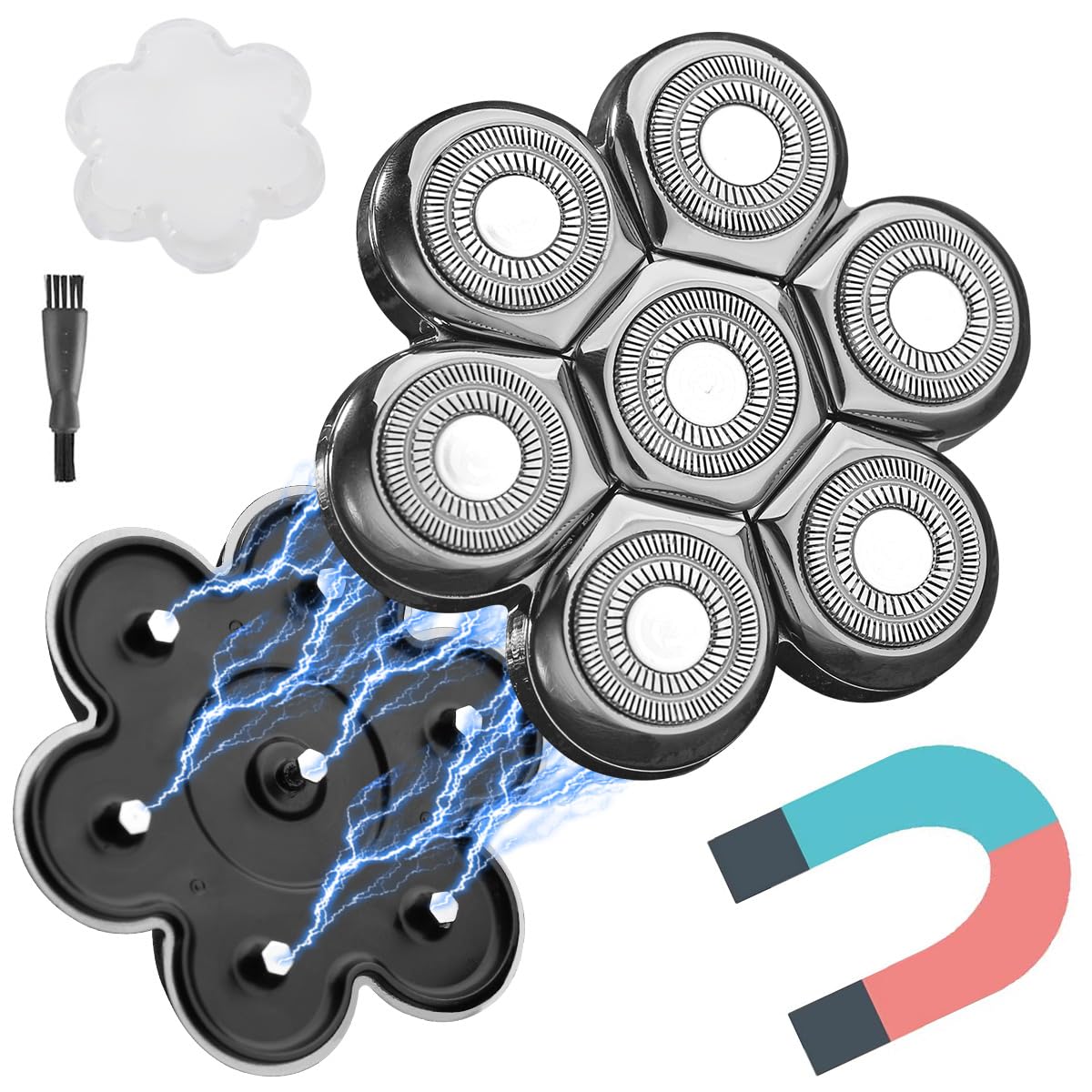 FOXSONIC Magnetic 7 Blades Head Shaver Replacement Blades for head Shaver and Other Brands Head Shaver (CX7 Silver)