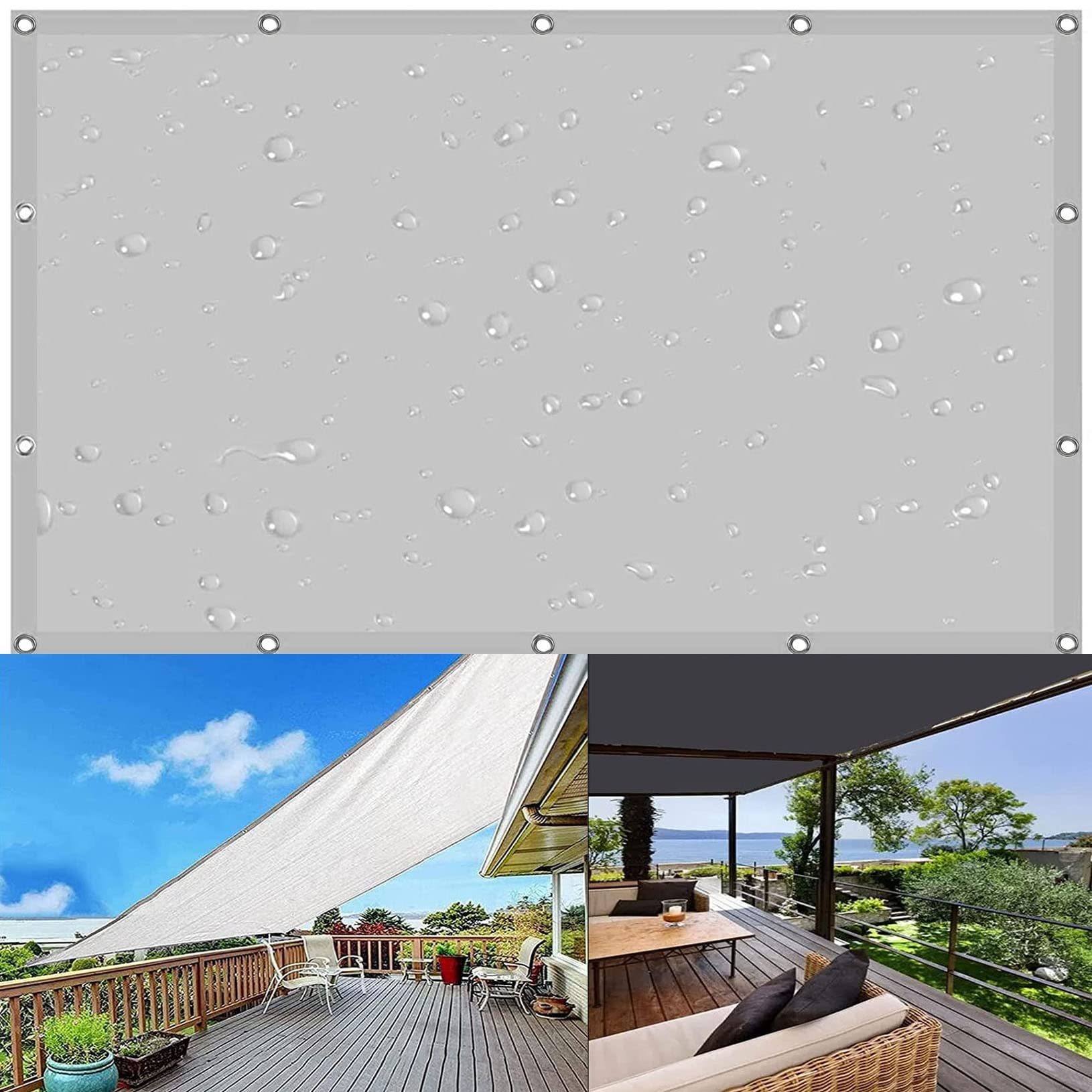 Sonnensegel Wasserdicht Rechteckig 4 x 6 m Reißfest 98% Windschutz Zeltplane Tarp Sonnenschutz mit Spannseilen für Seilspanntechnik, Hellgrau