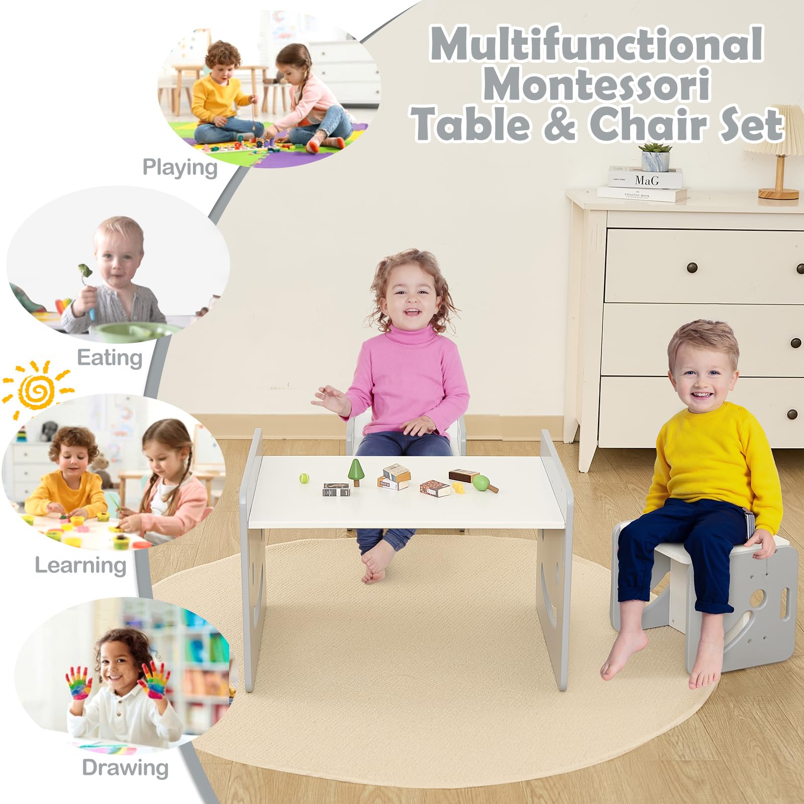 FUNLIO Montessori Table Enfant avec 2 Chaises Ajustables en Hauteur pour 1-3 Ans, Gris Carré, Certifié CPC