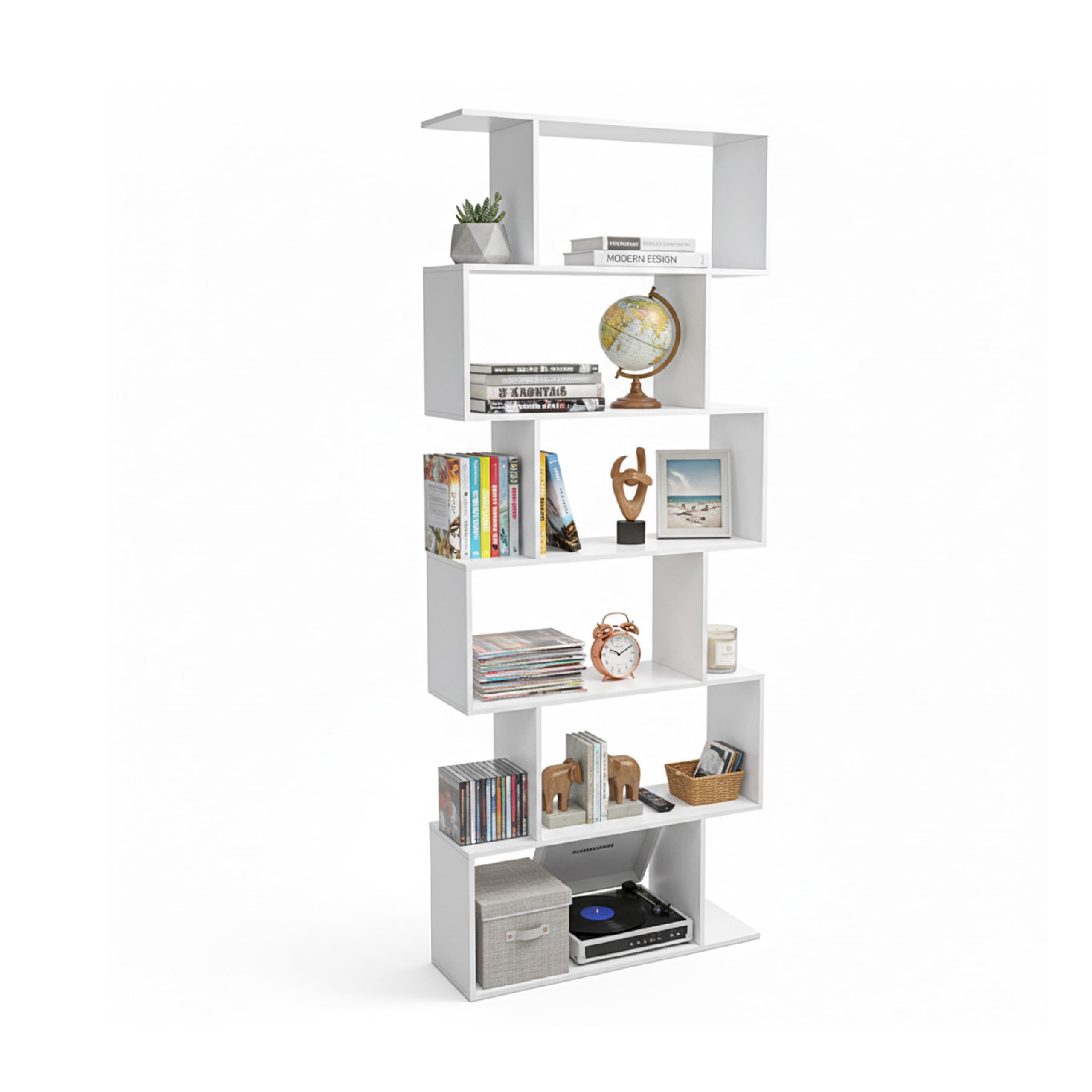 Baroni Home - Estantería de Diseño Moderno, Estantería Vertical en Zigzag, Estantería para Libros para Salón, Dormitorio, Oficina, Montaje Fácil, 24x70x191 cm, 6 Estantes Blanco