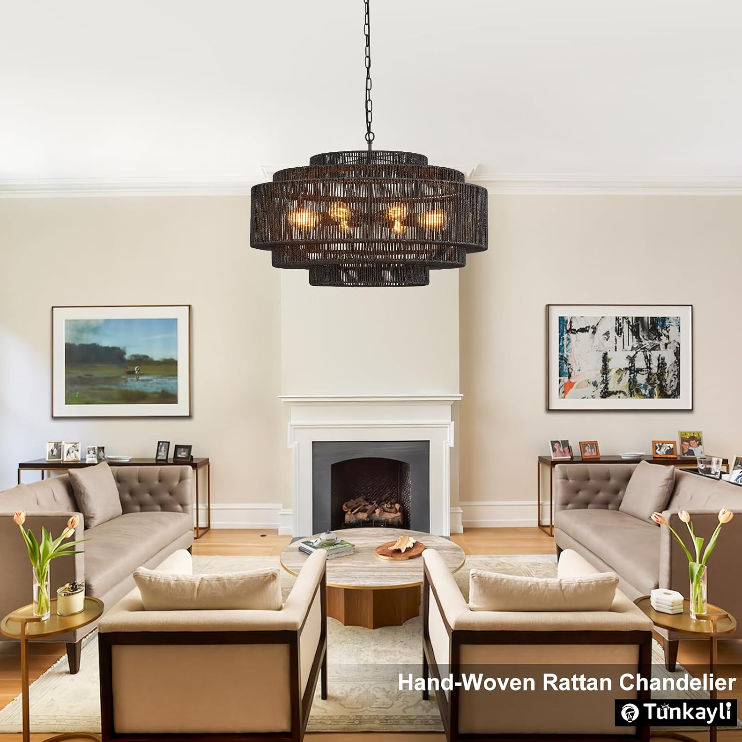 31.5" Large Rattan Chandelier 8-Light Vintage Farmhouse Coastal Wicker Chandeliers Boho Hand-Woven Black Light Fixtures for Dining Room, Kitchen, Living Room,Entryway