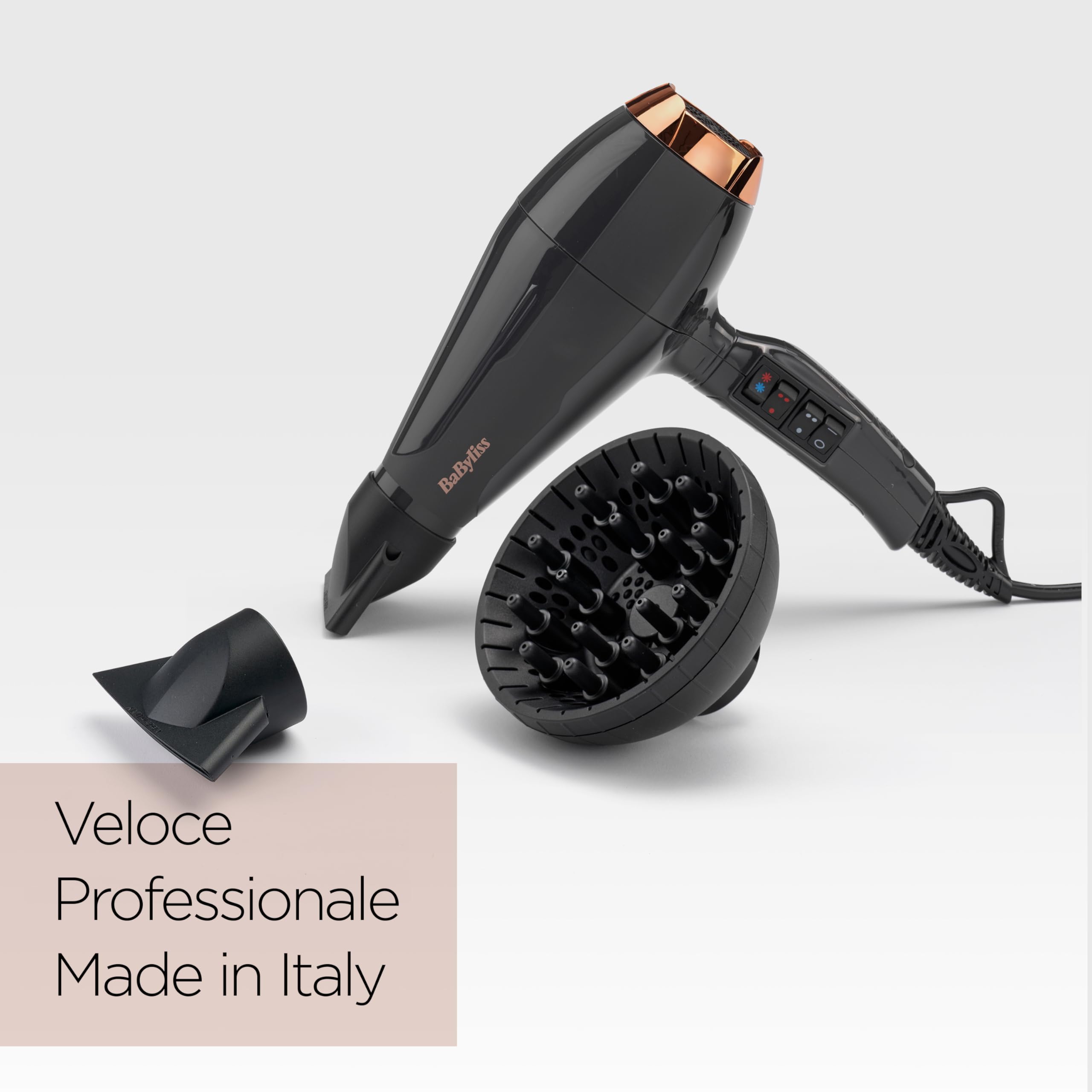 BaByliss Asciugacapelli MADE IN ITALY Air Pro, Motore AC Phon Capelli Professionale, 2200W, Diffusore Capelli Ricci, funzione anti-crespo, 2 velocità - 2 impostazioni di calore, nero, 6719DE