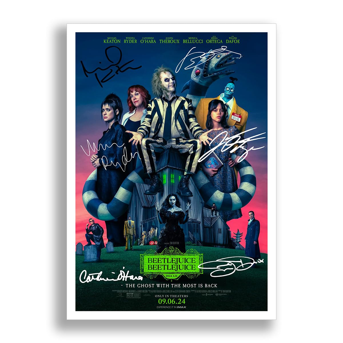 Beetlejuice Beetlejuice Cast Signed Autograph Poster Photo Print Framed Memorabilia Gift Movie Film 2024 Michael Keaton Jenna Ortega (A4 poster only)