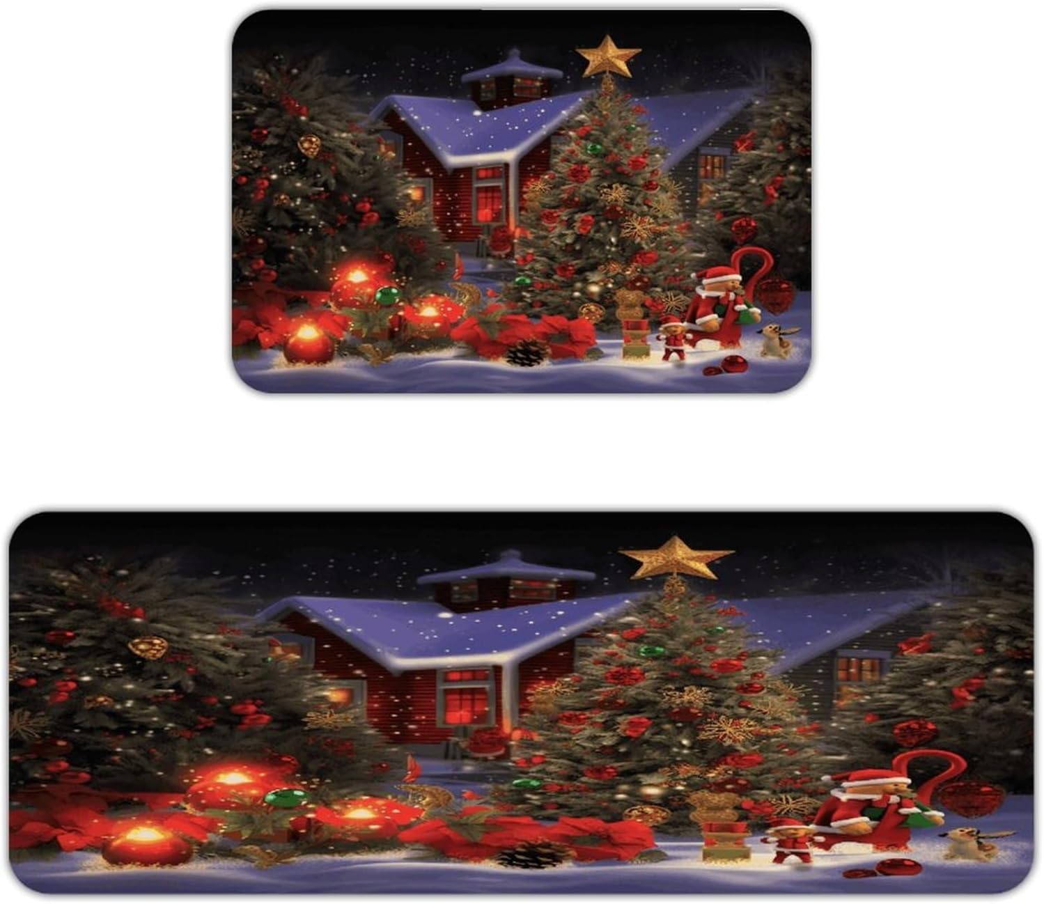 Christmas Cheer Kitchen Mat Set of 2 Ergonomic Comfort Velvet Rugs Cushioned Anti-Fatigue Non-Slip Standing Mats Thick Kitchen Floor Mat Carpet Runner Rugs 16"×24"+17"×47"