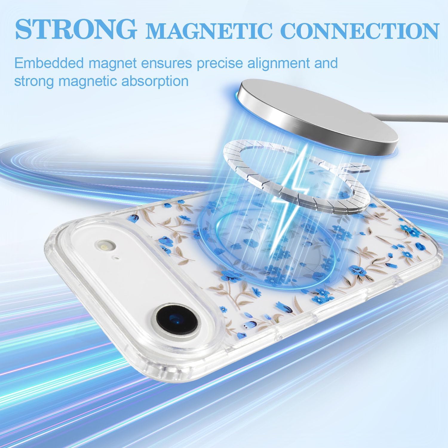 QLTYPRI Magnetic for iPhone Air Case Compatible with Magsafe, Cute Floral Flower Aesthetic Phone Case Slim Clear Anti-Yellowing Shockproof Phone Cover for Girls Women - Blue - Image 2