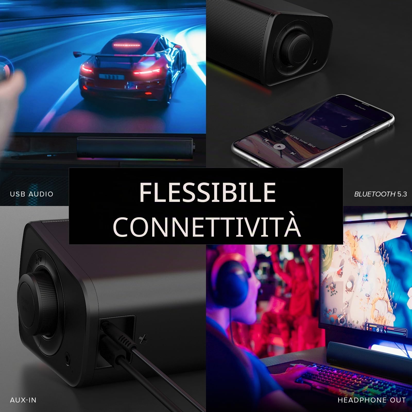 Soundbar compatta da gaming Sound Blaster GS3 con RGB e tecnologia SuperWide, alimentata tramite USB, Bluetooth 5.4, porta di uscita cuffie