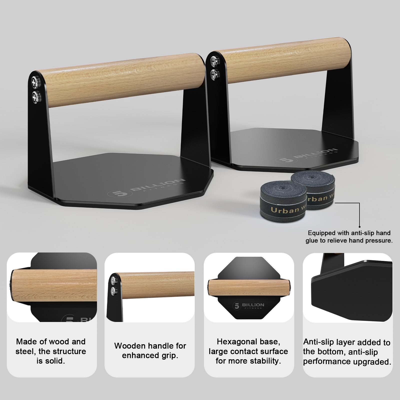 PULLUP & DIP Poignées De Pompes En Bois & Acier – Ergonomiques, Antidérapantes, Charge 200 Kg, Parfaites Pour Musculation & Calisthenics