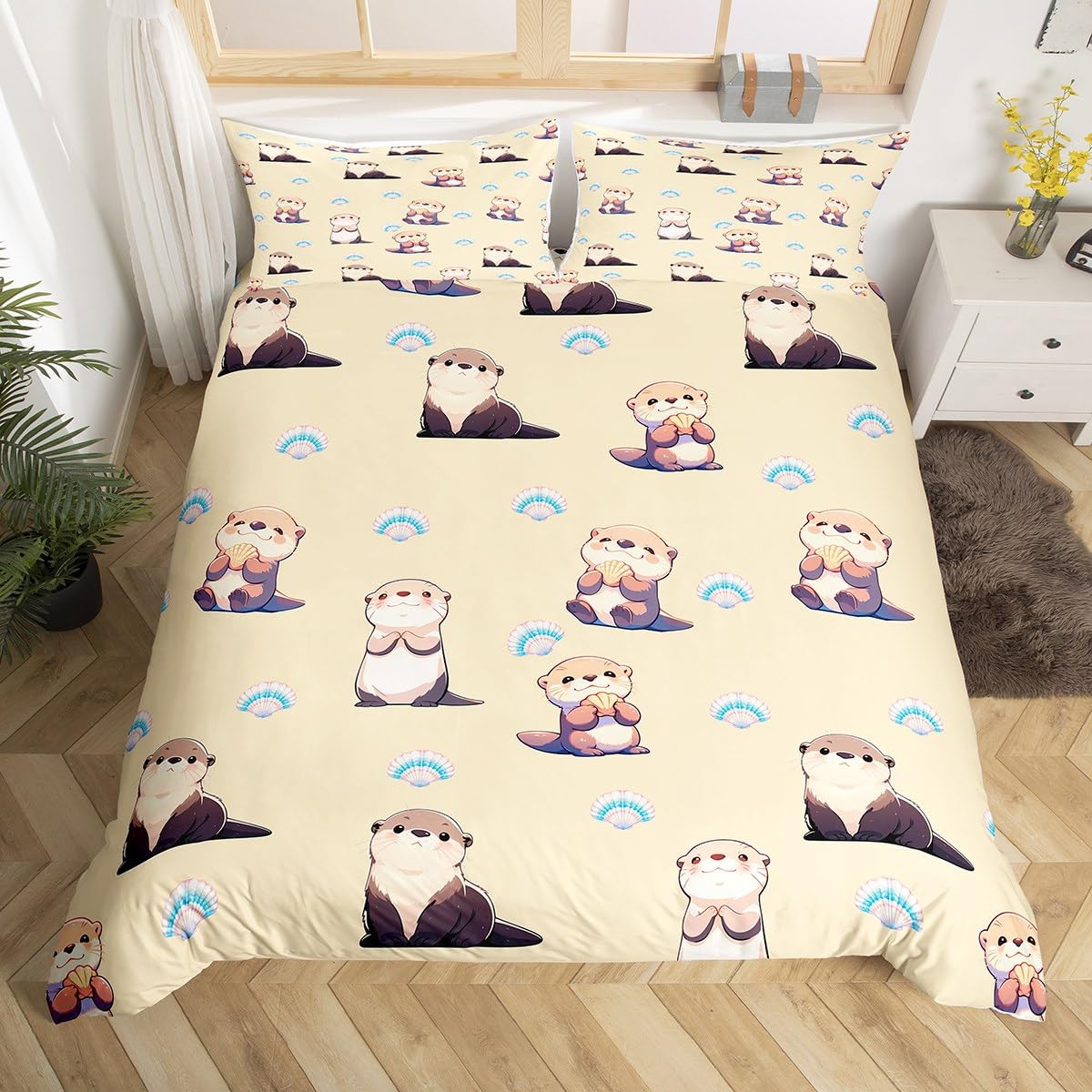 Manfei Cartoon Otters Decorations Beddding,Ocean Lake Kifds Yellow Duvet Cover for All Season,Kawaii Sea Animals Kids Bedroom Decor Comforter Cover(No Filler) Full Size,3PCS