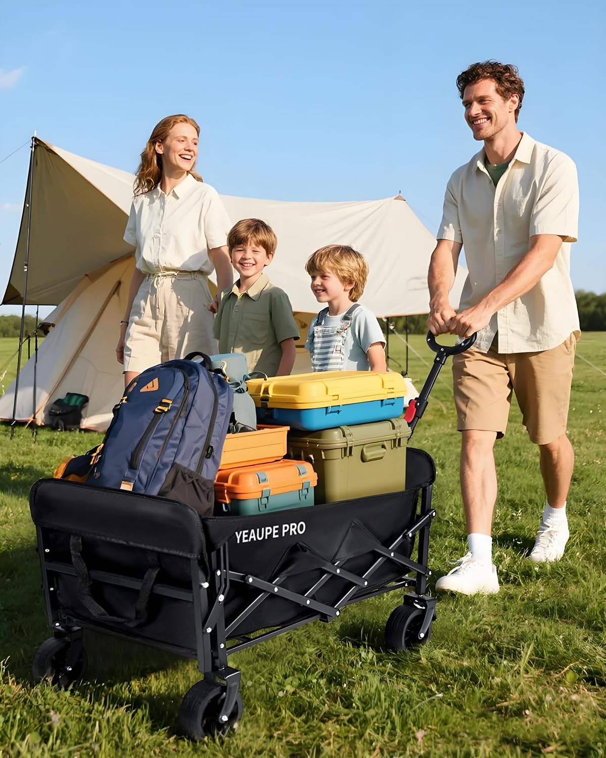 YEAUPE PRO Chariot de Plage Pliable Capacité Max. 125L 100KG, Chariot de Transport à roulettes Tout Terrain Poignée Réglable Charrette pour Extérieur Camping Pique, avec Poche intérieure