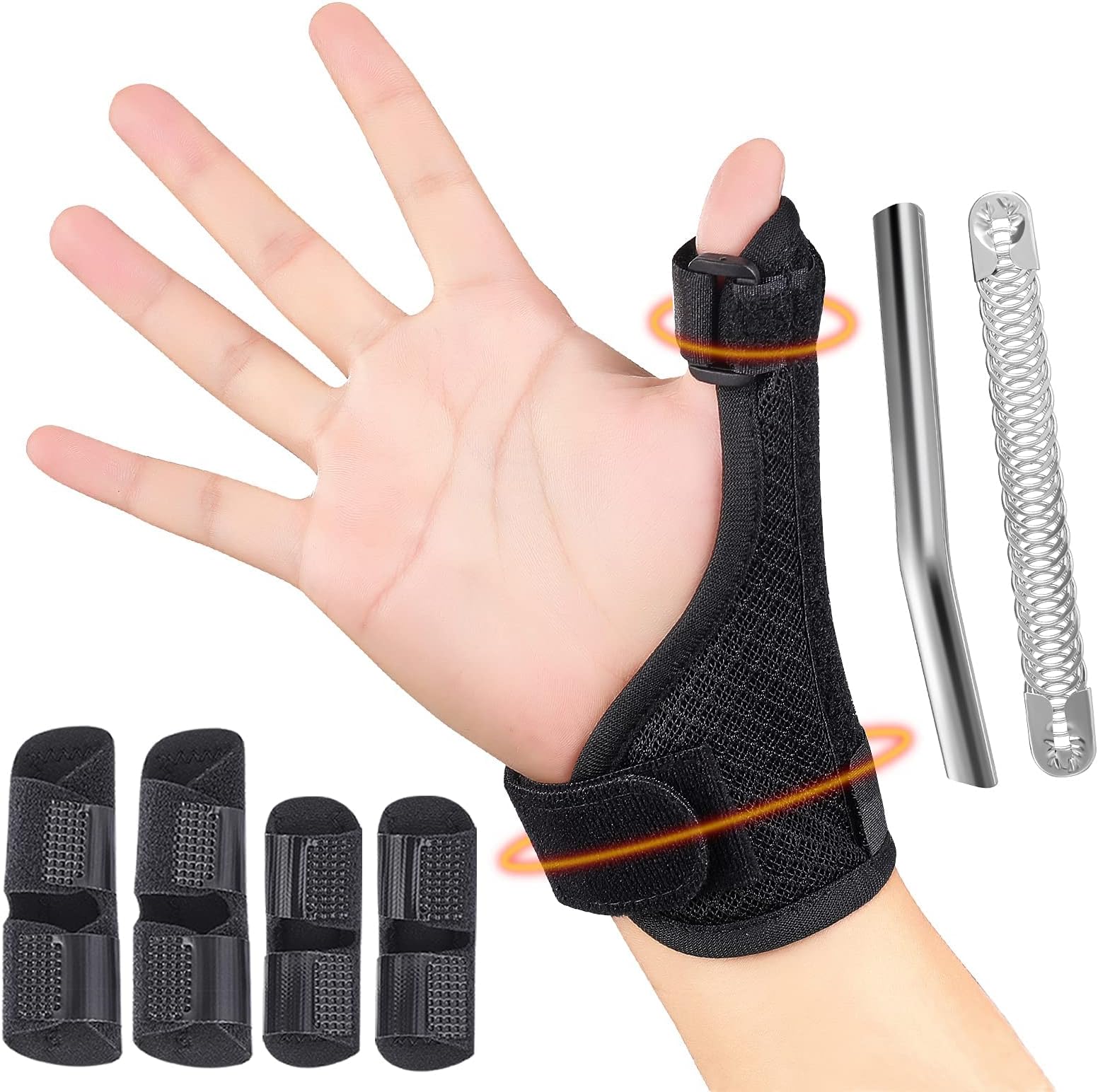 TYCA Thumb Splint Support Brace - Arthritis Thumb Stabilizer & 4 Finger Splints for Right and Left Hand Reversible Thumb Brace Stabilizing Thumb and Wrist Pain Relief from Arthritis, Sprains (Black)