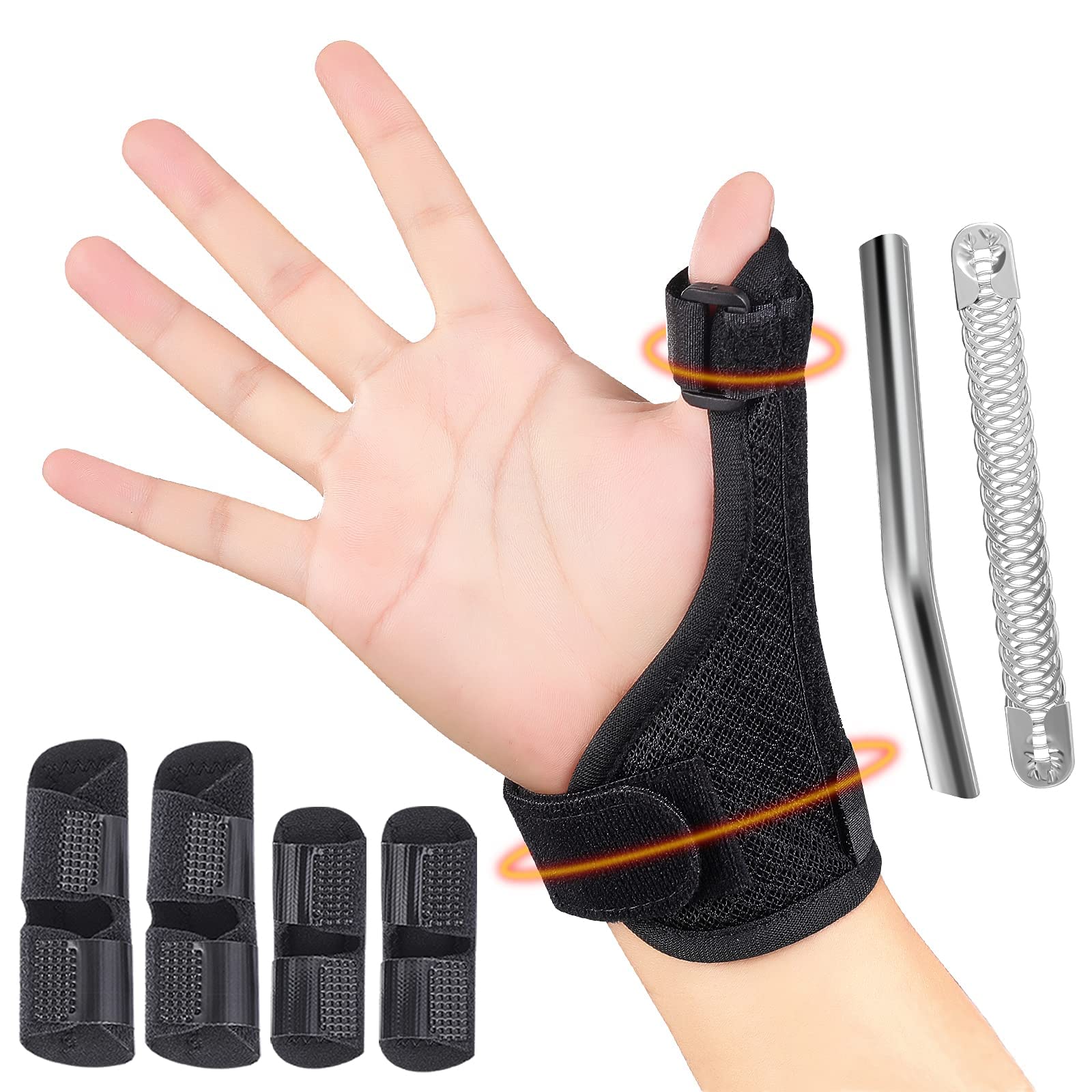 TYCA Thumb Splint Support Brace - Arthritis Thumb Stabilizer & 4 Finger Splints for Right and Left Hand Reversible Thumb Brace Stabilizing Thumb and Wrist Pain Relief from Arthritis, Sprains (Black)