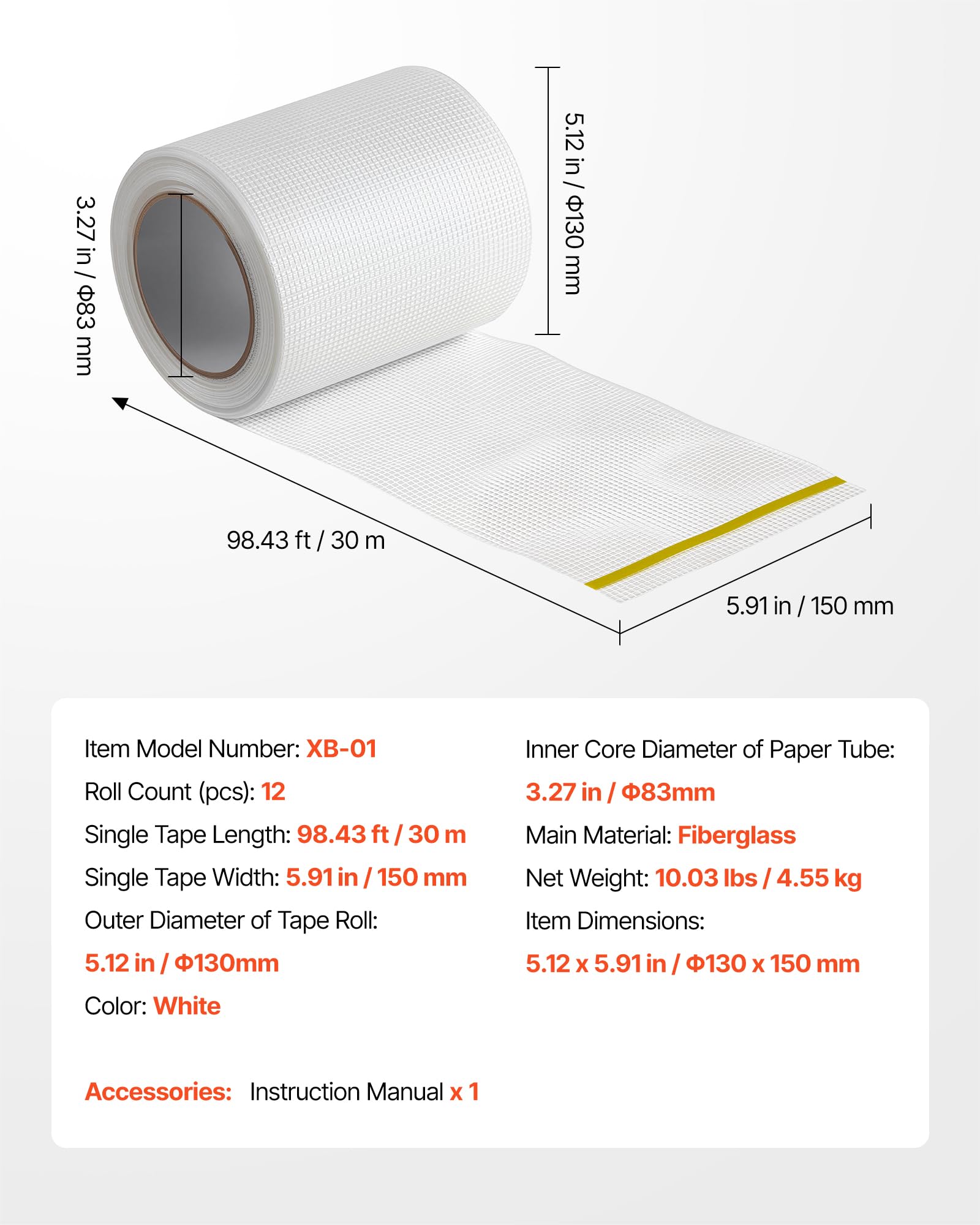 VEVOR Nastro per Cartongesso 30 m x 150 mm Nastro in Fibra di Vetro Autoadesivo per Giunti in Cartongesso, 12 Rotoli, Ideale per Riparare Crepe su Soffitti, Pareti Interne o Esterne, Bianco