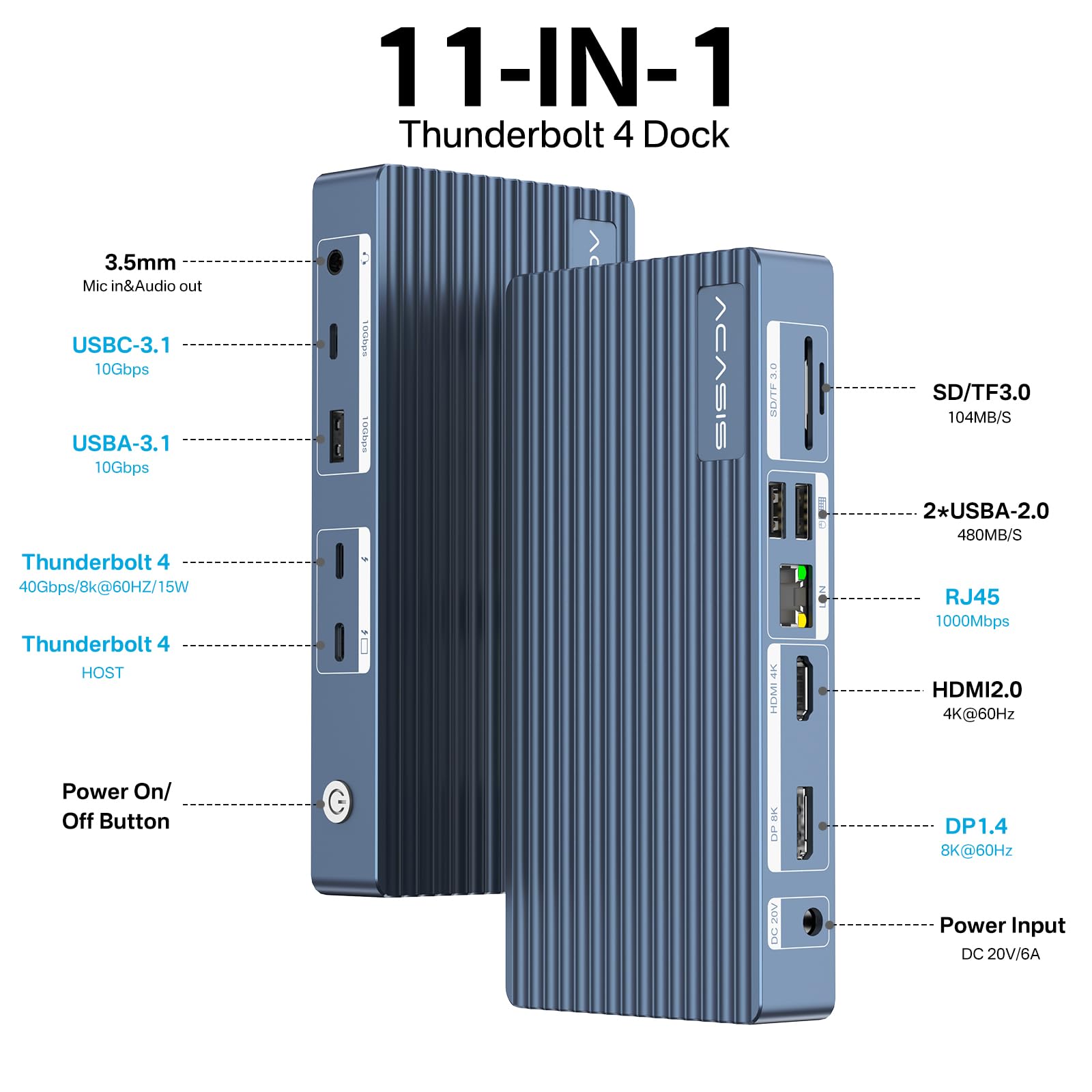 ACASIS Dock Thunderbolt 4 - 11 porte, HDMI 8K60Hz, 1 GbE Ethernet, SD/TF 4.0, 10Gbps USB C/A, audio da 3,5 mm, doppio monitor per MacBook, dock da 40 Gbps per Mac M1/M2/M3 Pro/Max