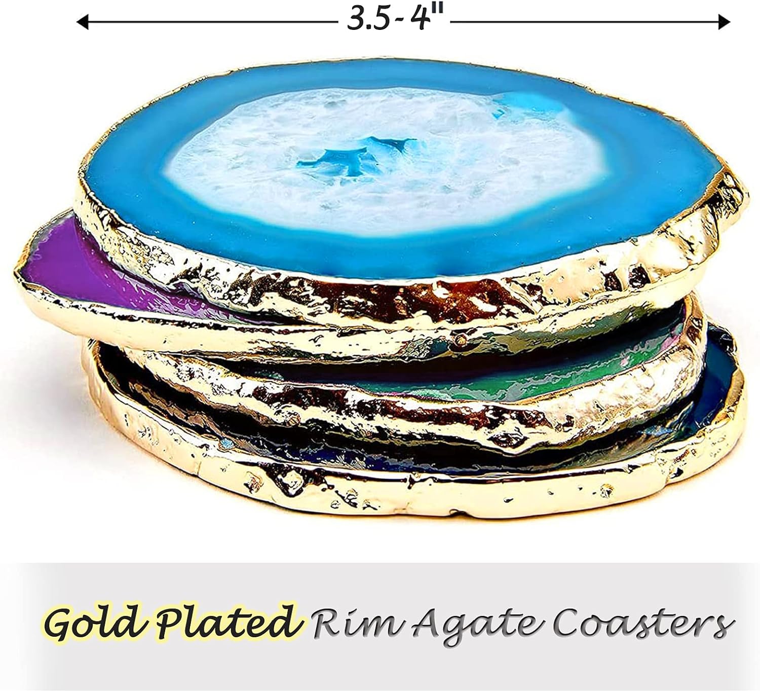 Agate Coasters Set of 4 Blue Green Purple,Natural Big Agate Slices Geode Stone Coasters with Gold Rim,Crystal Coasters for Drink,Decorative Geode Coasters for Home Decor Coasters for Coffee Table