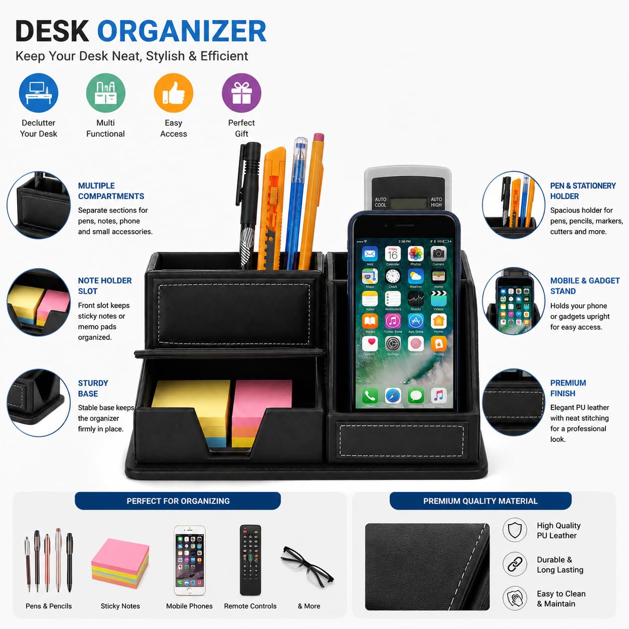 Panku Leather Paper/Memo/Phone/Card Holder for Office Desk (Pack of 1,Black) 1