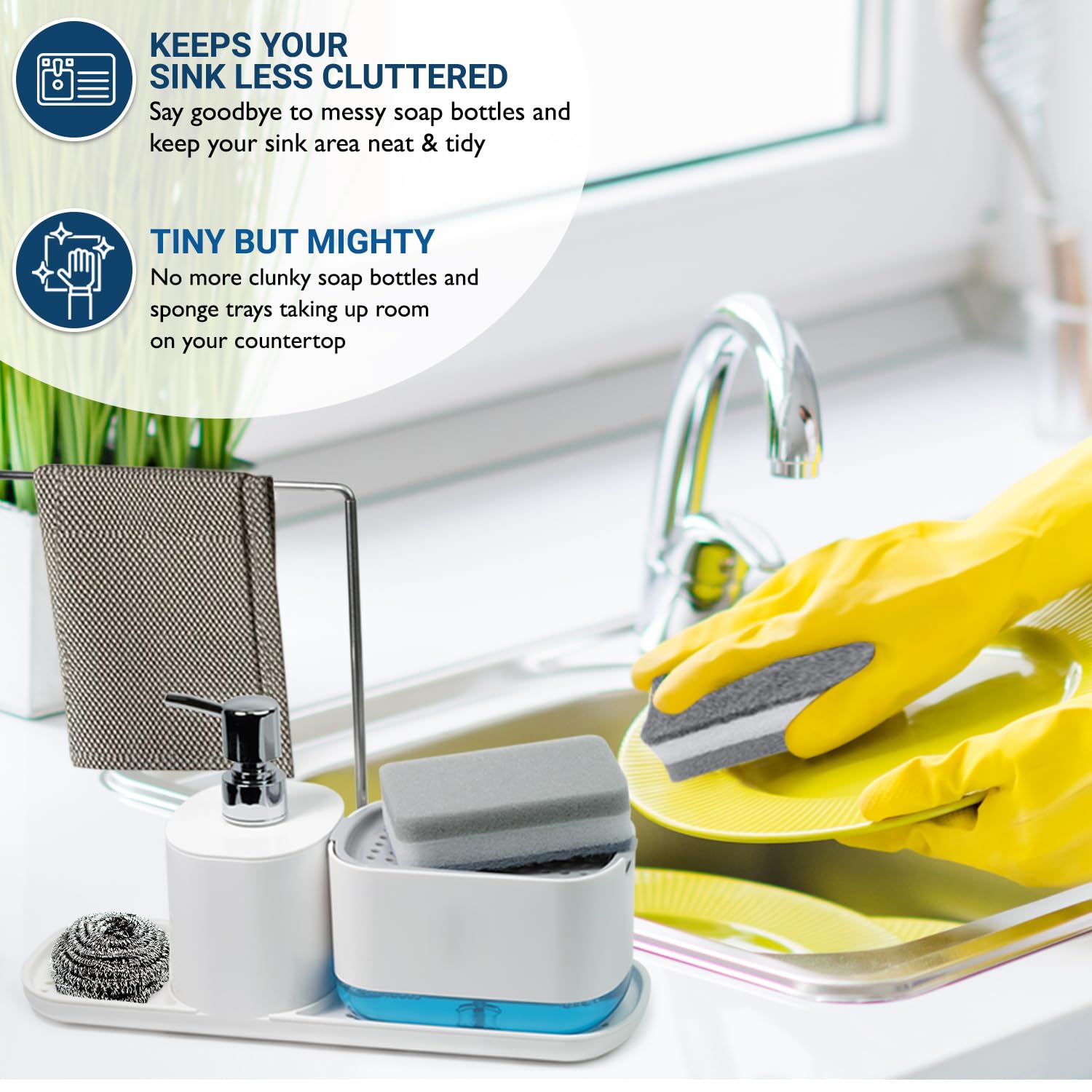 Kitchen Dish Soap Dispenser and Hand Soap Dispenser, 4-in-1 Countertop Soap Dispenser with Sponge Holder, Kitchen Sink Organizer, Bathroom Soap Dispenser, Sponge Included, White (White, Long-Style)