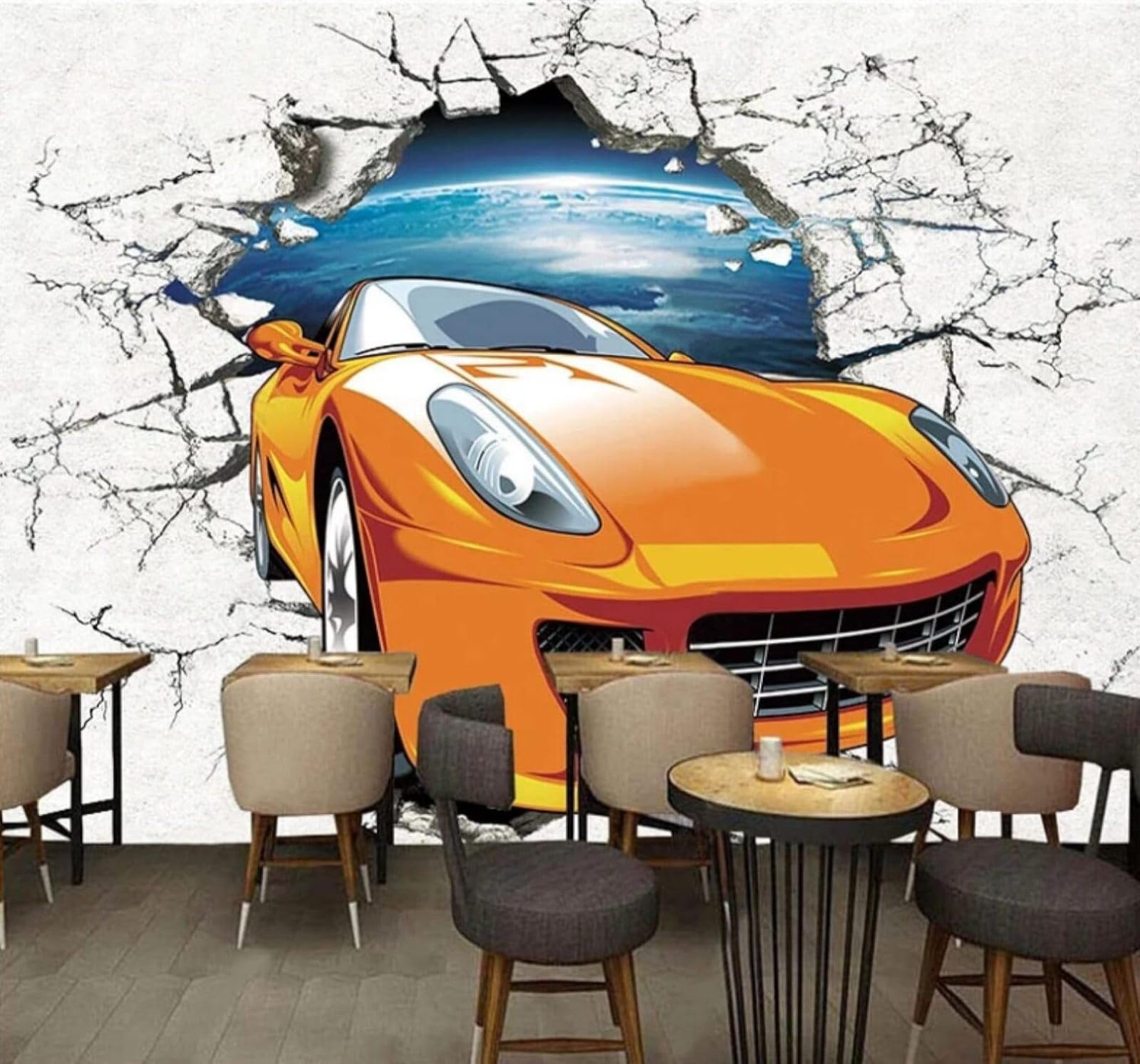 Wallpaper-3D-Xlm 350Cm×256Cm(B×H) Minimalist Three Dimensional Car Breaking Through A Wall Starry Sky 3D Wallpaper Easy Install Feature Office Living Room Sofa Bedroom Tv Background Wall Decoration-350Cm×256Cm
