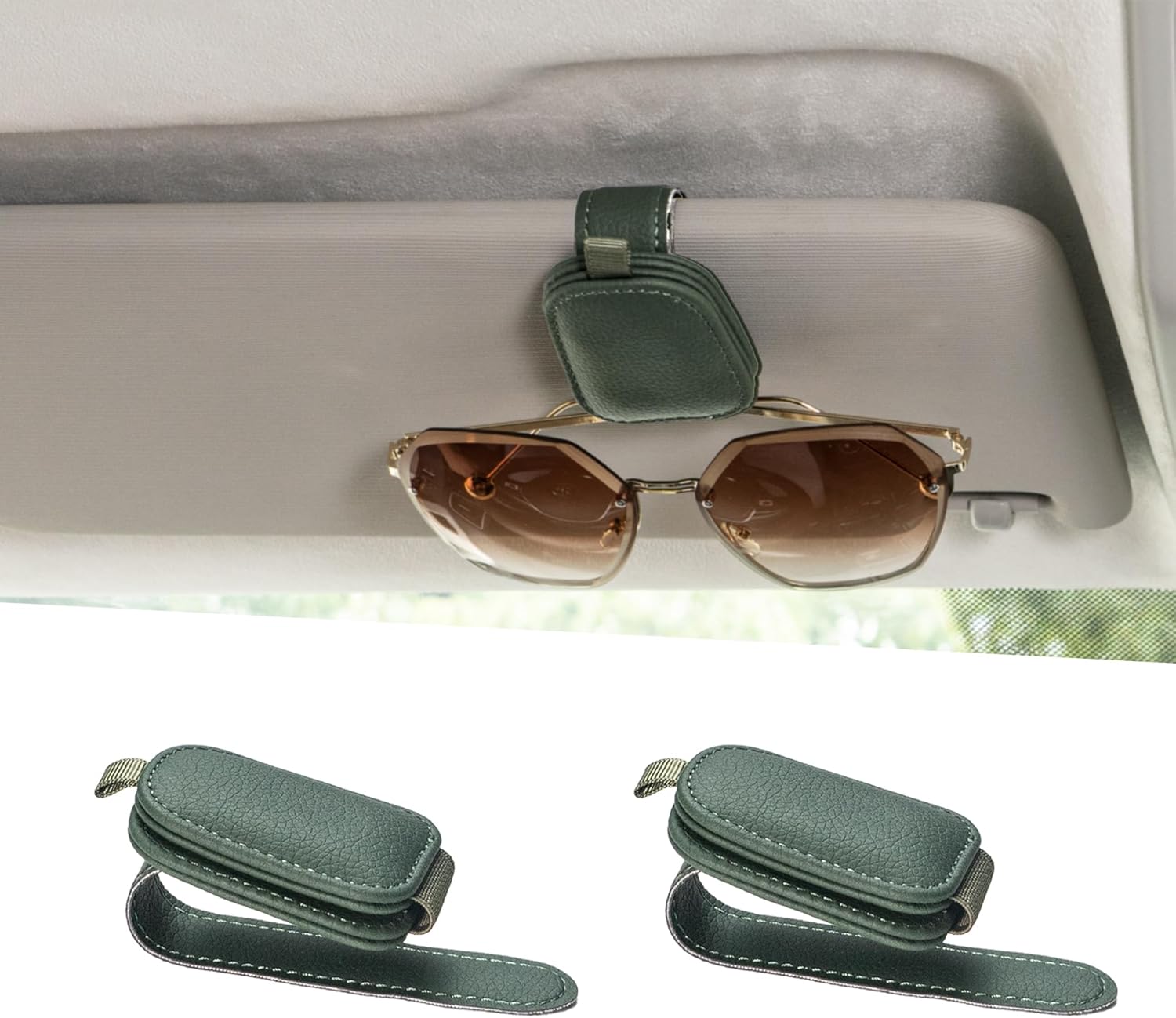 Yuoyar Sunglass Holder for Car, Magnetic Leather Sunglasses Holder and Ticket Card Clip, Car Visor Accessories, 2 Packs (Green)