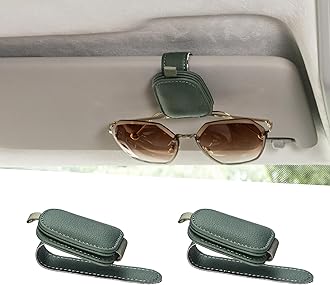 Yuoyar Sunglass Holder for Car, Magnetic Leather Sunglasses Holder and Ticket Card Clip, Car Visor Accessories, 2 Packs (Green)