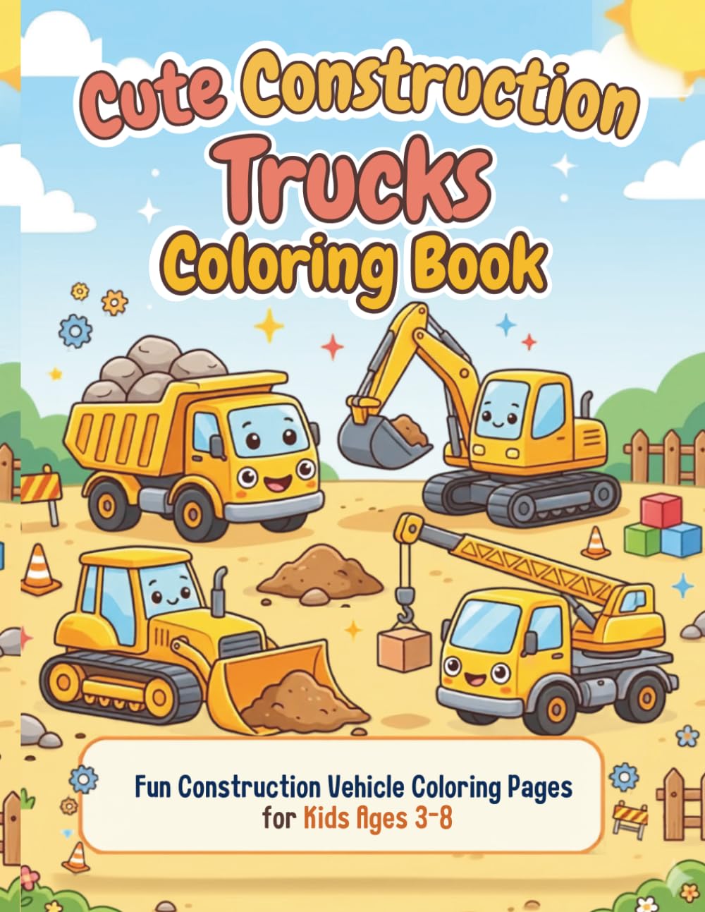 Cute Construction Trucks Coloring Book: Fun Construction Vehicle Coloring Pages with Dump Trucks, Excavators, Diggers and Building Site Scenes for Kids Ages 3-8