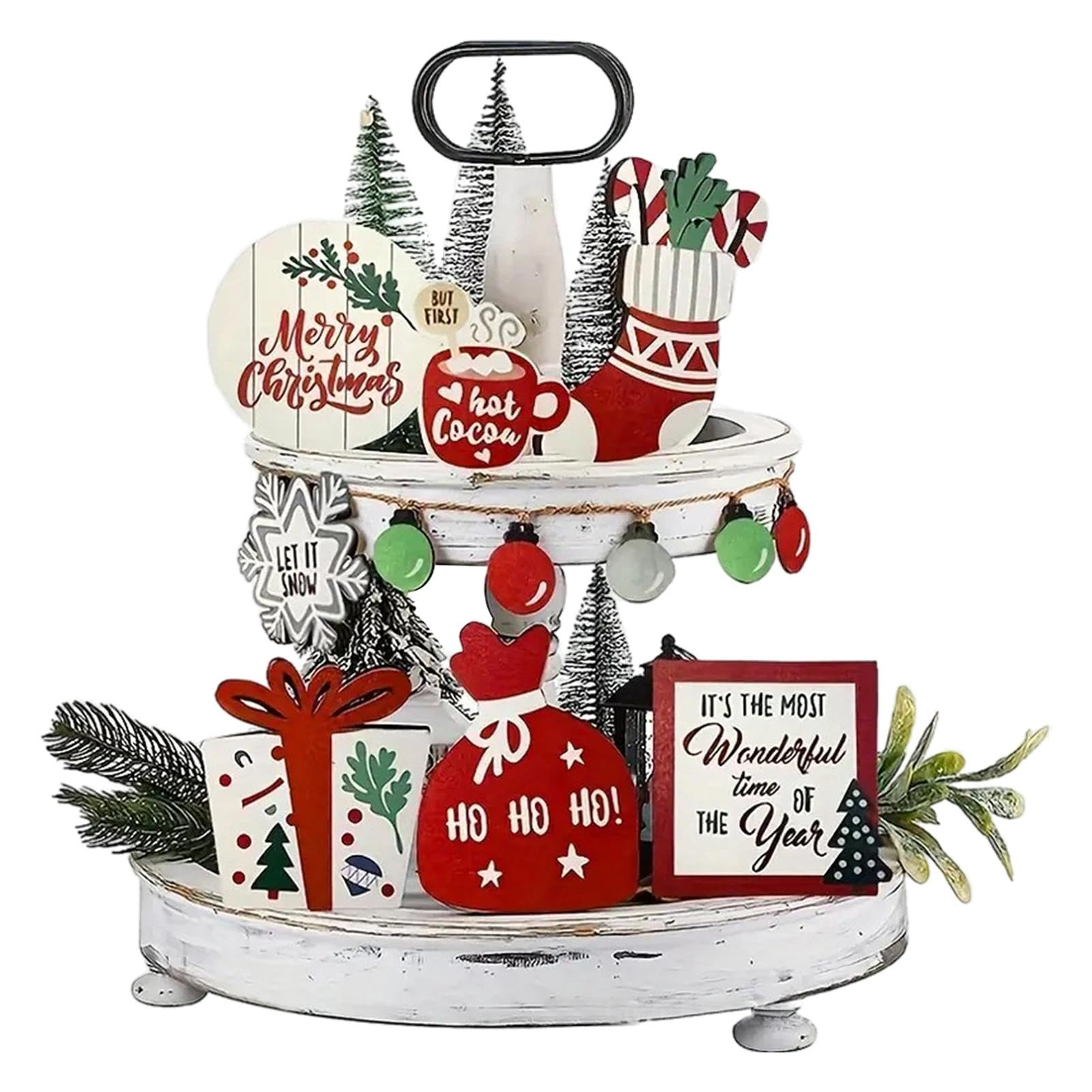 Decoración de bandeja escalonada de Navidad – Bandeja decorativa escalonada de Navidad | Bandeja de madera rústica para servir | Decoración multifuncional de letreros de madera, centros de mesa para