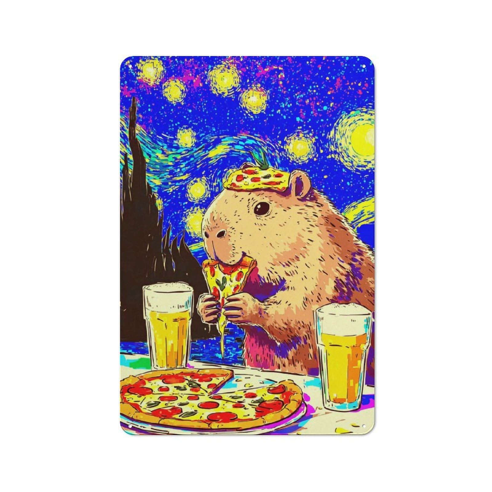 Junmoney Groundhog Eating Pizza With Beer Vintage Tin Sign 30X20cm, Rustic Bistro Wall Plaque For Kitchen, Cafe, Pantry Or Dining Room