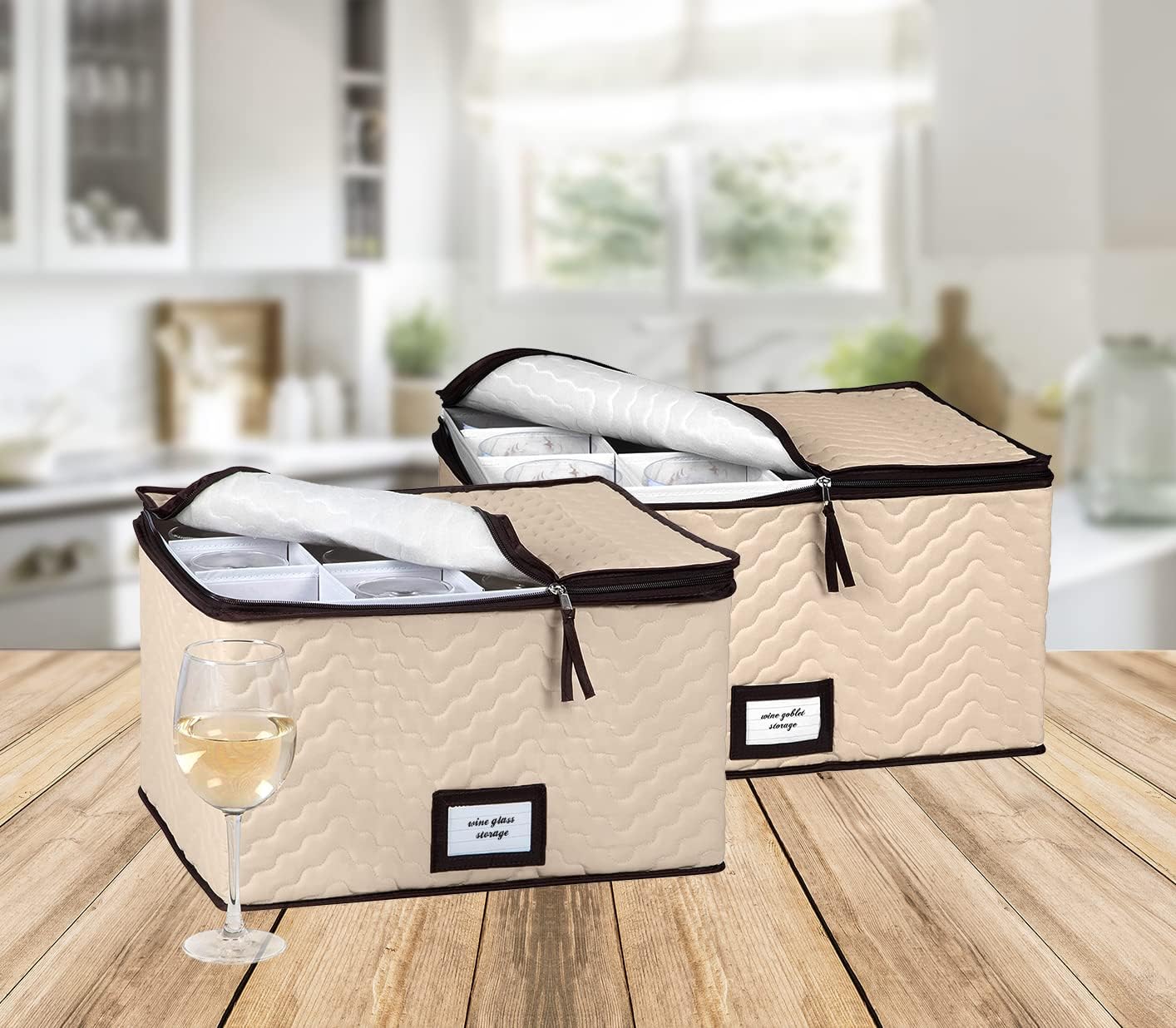 Wine Glass Storage Box with Dividers - Stemware Storage Case, Durable Quilted Microfiber Bin with Carry Handles, Protects Fine China - Durable Quilted Microfiber Bin with Carry Handles (2 Pack, Red & White Wine Glass)