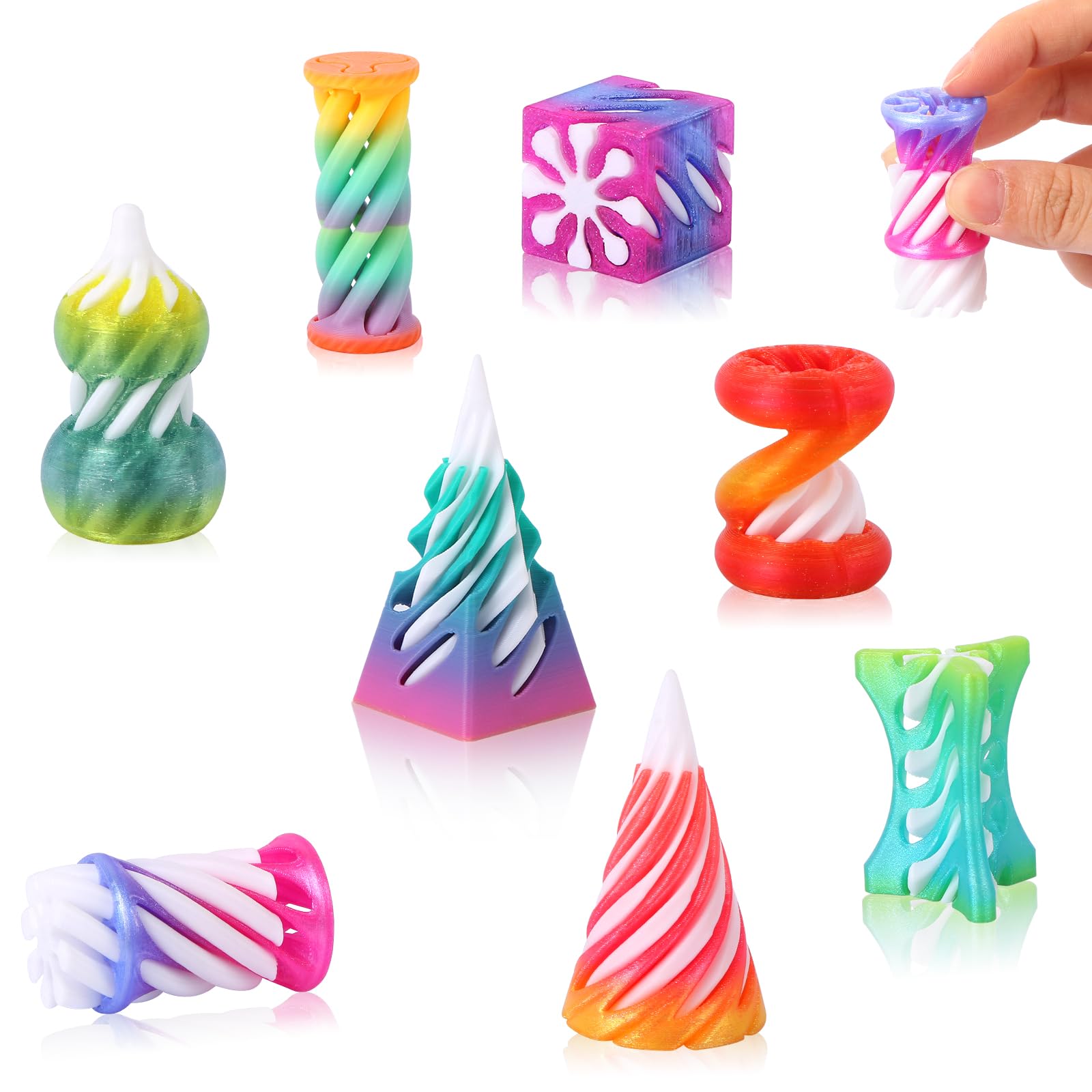 LALASTYLE 8pcs 3D Printed Rotating Spiral Cone Fidget Toys, Impossible Passthrough Pyramid Cylinder Set, Sensory Stress Relief Toy, Anxiety Relief Desk Decor for Office Home School, Creative Gift