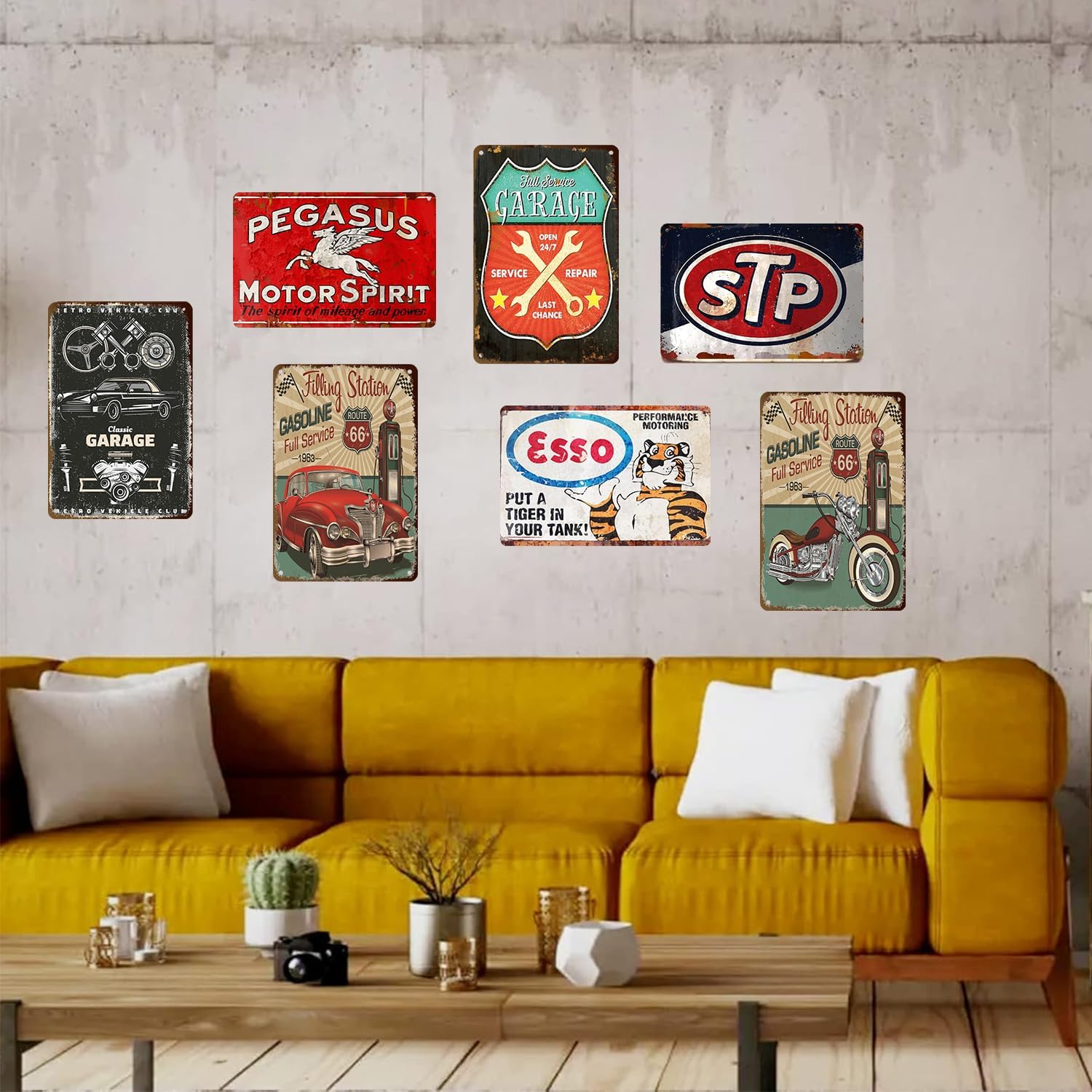 7 Pcs Vintage Metal Tin Garage Signs,Vintage Metal Tin Signs Retro Garage Signs For Men Wall Decorations Old Car Shop Posters Oil And Gas Station Sign Man Cave Decor 8×12 Inch（7pcs） image 2