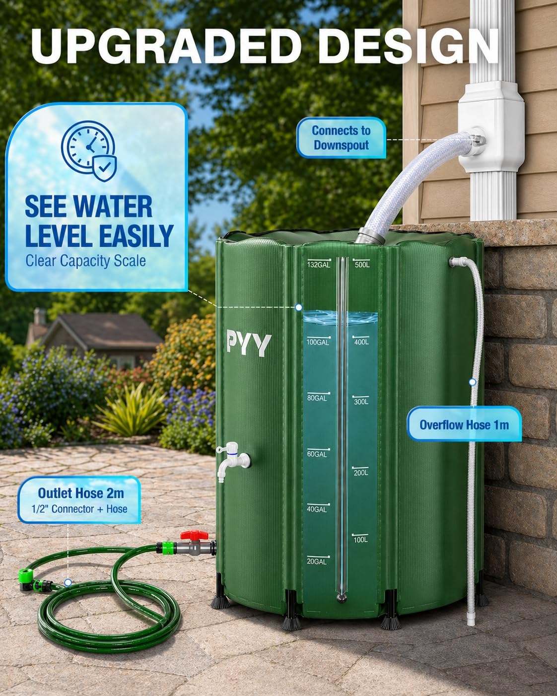 PYY Rain Water Collection Barrel - 132 Gallon Water Storage Tank with Spigots, Hose and Portable Bucket, Large Plastic Collapsible Rain Catcher Catchment System to Collect Rainwater from Gutter