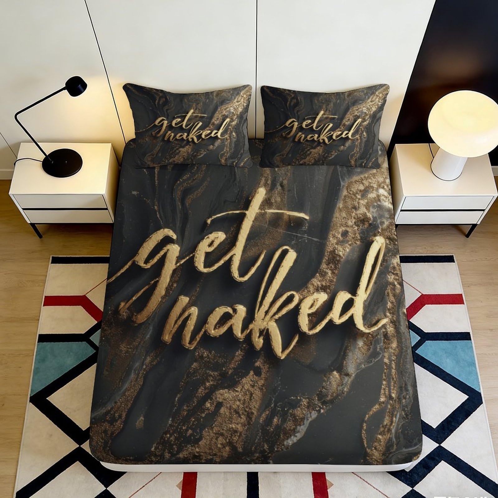 3D Printed Get Naked Typography Fitted Sheet Microfiber Soft Black Marble Bed Cover for Bedroom Dorm Mattress Protection Decor 90x200x25cm
