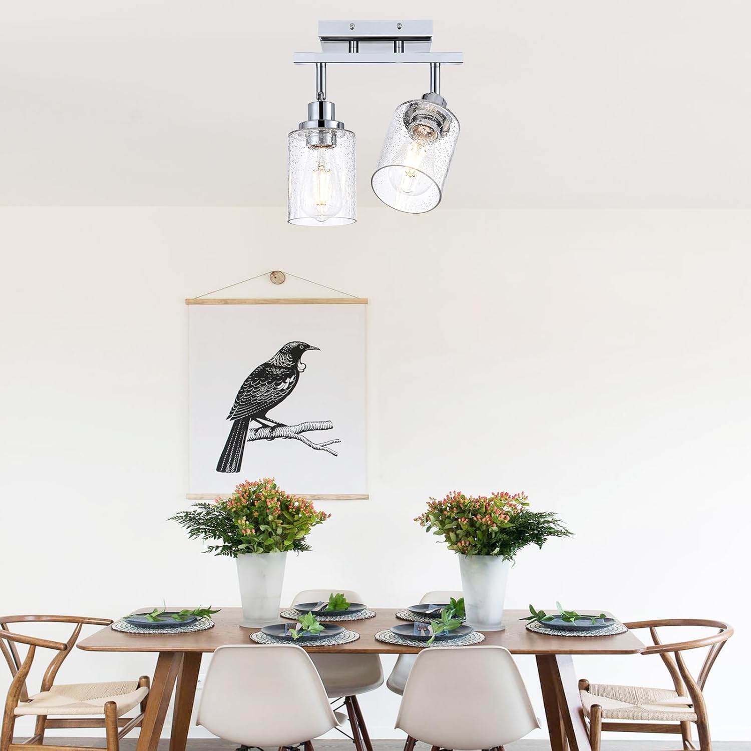 2-Light Chrome Track Lighting Kit Ceiling Kitchen Track Light Fixture with Seeded Glass, Multi-Directional Rotating Track Lighting Heads Spotlight Fixtures for Accent Shop Bathroom Vanity