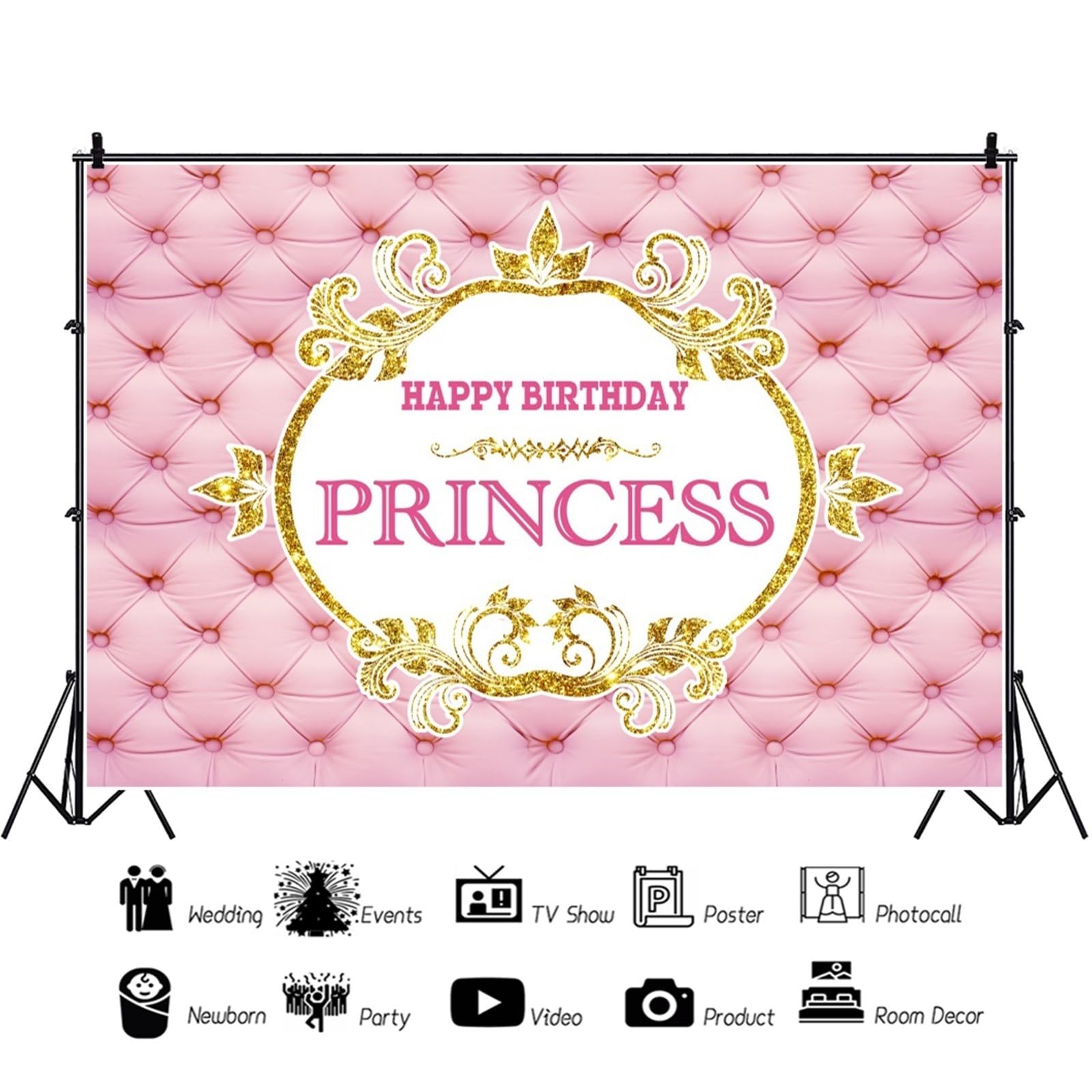 YongFoto 3x2,5m Fondale Foto Testiera in pelle rosa trapuntata Golden Paillettes Ghirlanda Buon compleanno Princess Girl Sfondo Fotografico Photo Booth Compleanno Partito Banner Bambini Photo Studio